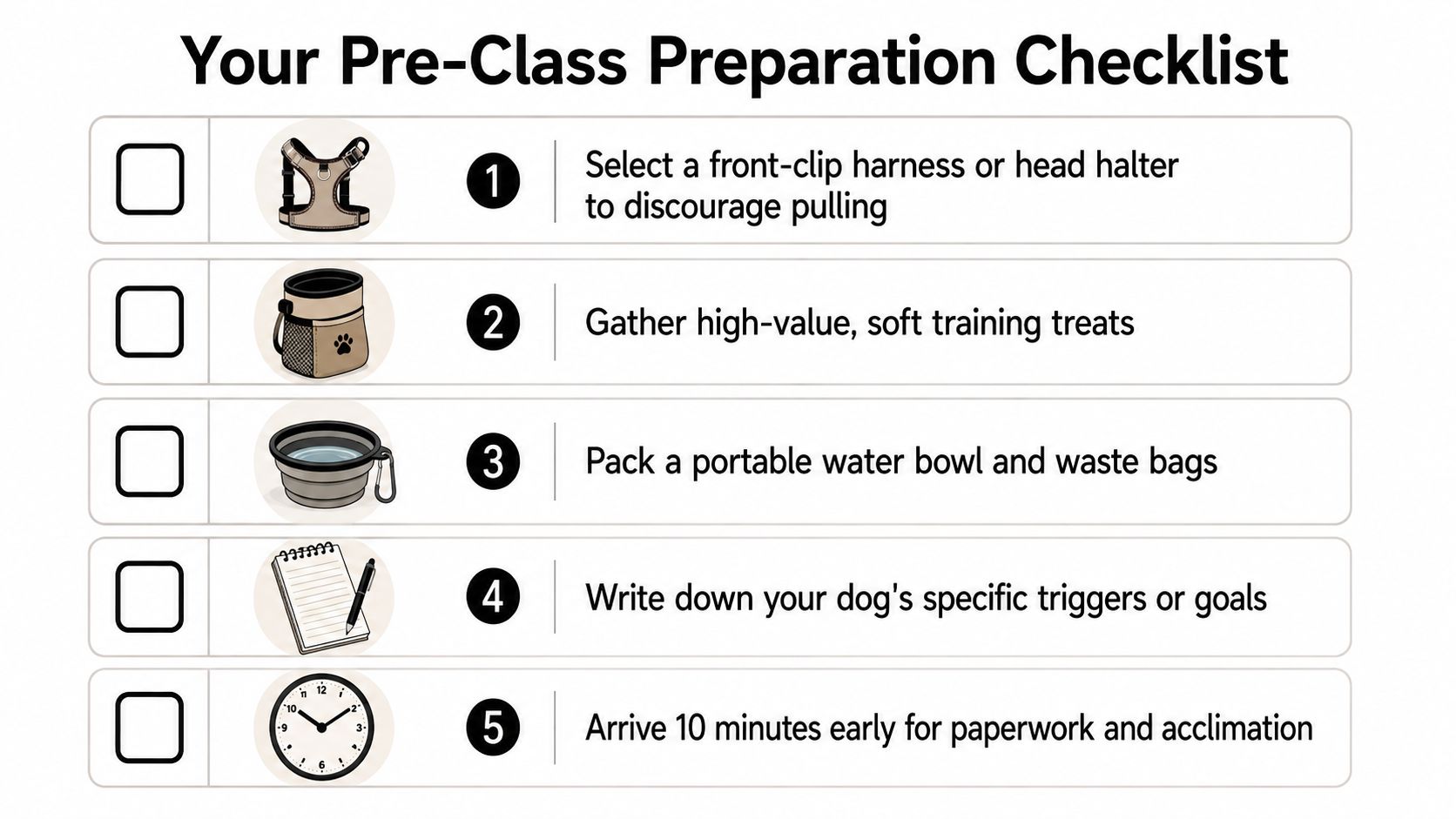 A pre-class preparation checklist for dog owners showing five essential items to pack for training.