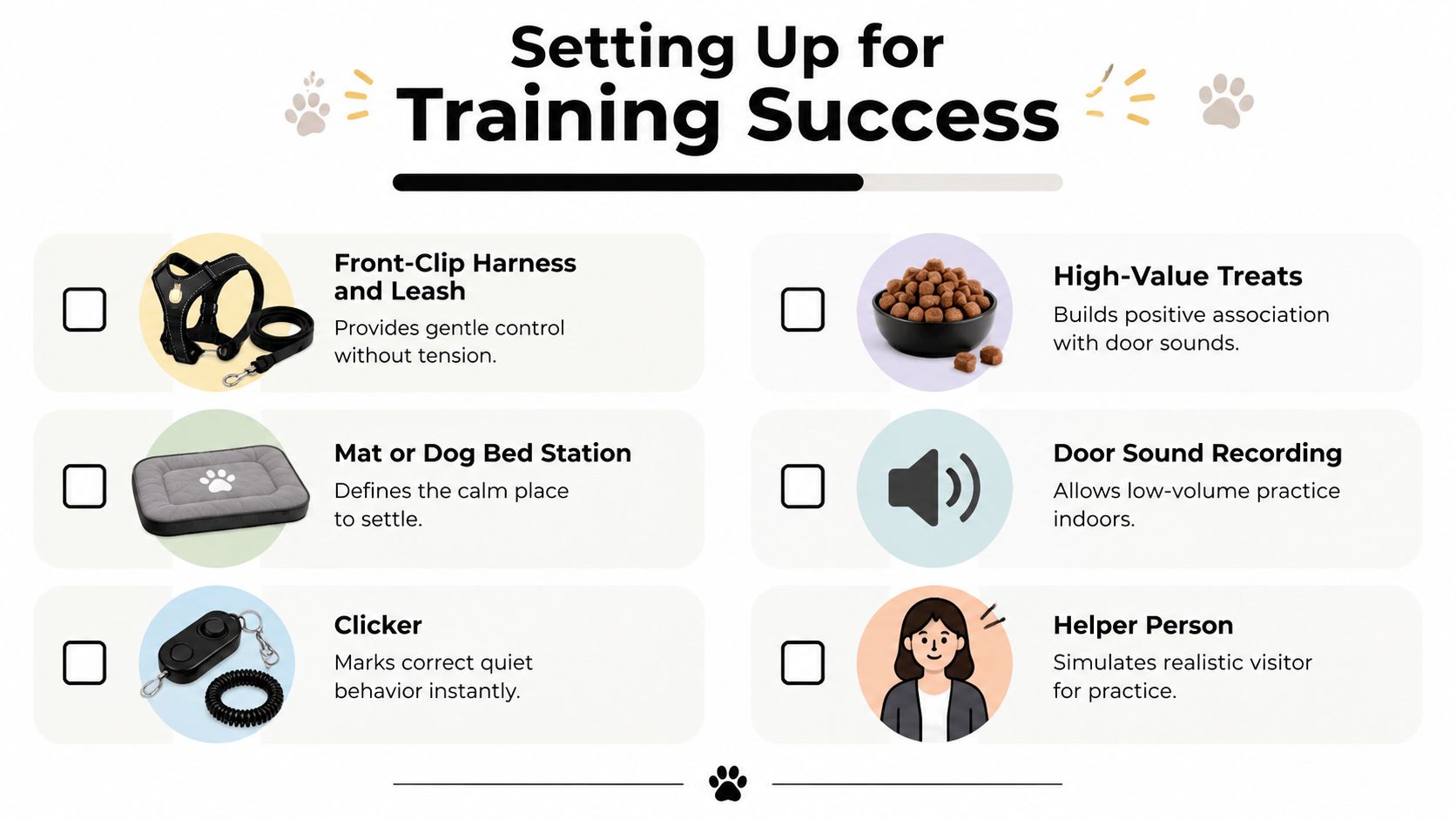 A checklist infographic titled Setting Up for Training Success illustrating tools for training dogs to stop barking.