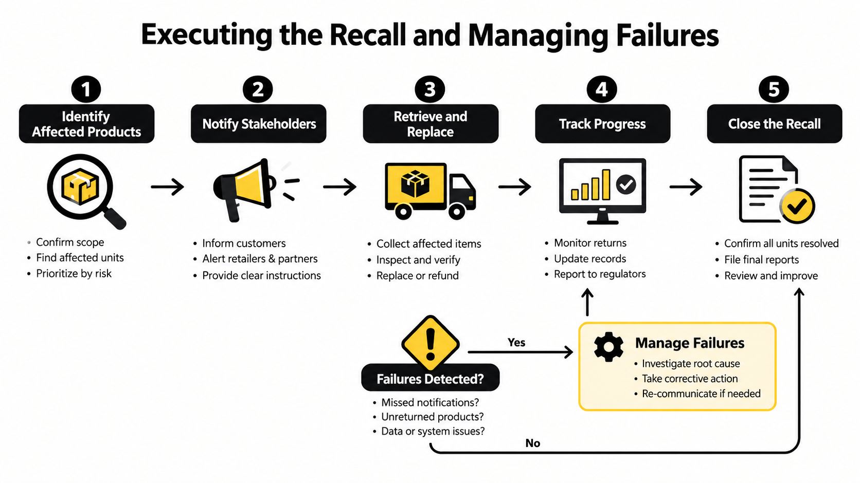 A five-step flowchart illustrating the process for executing a product recall and effectively managing failures.