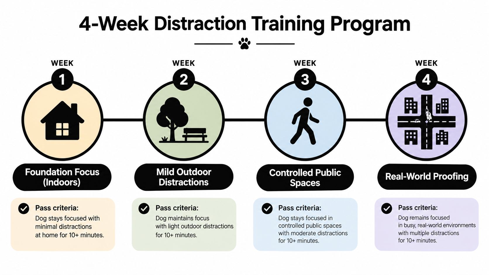 A four-week distraction training program for dogs, showing progression from indoor foundation to real-world environment proofing.