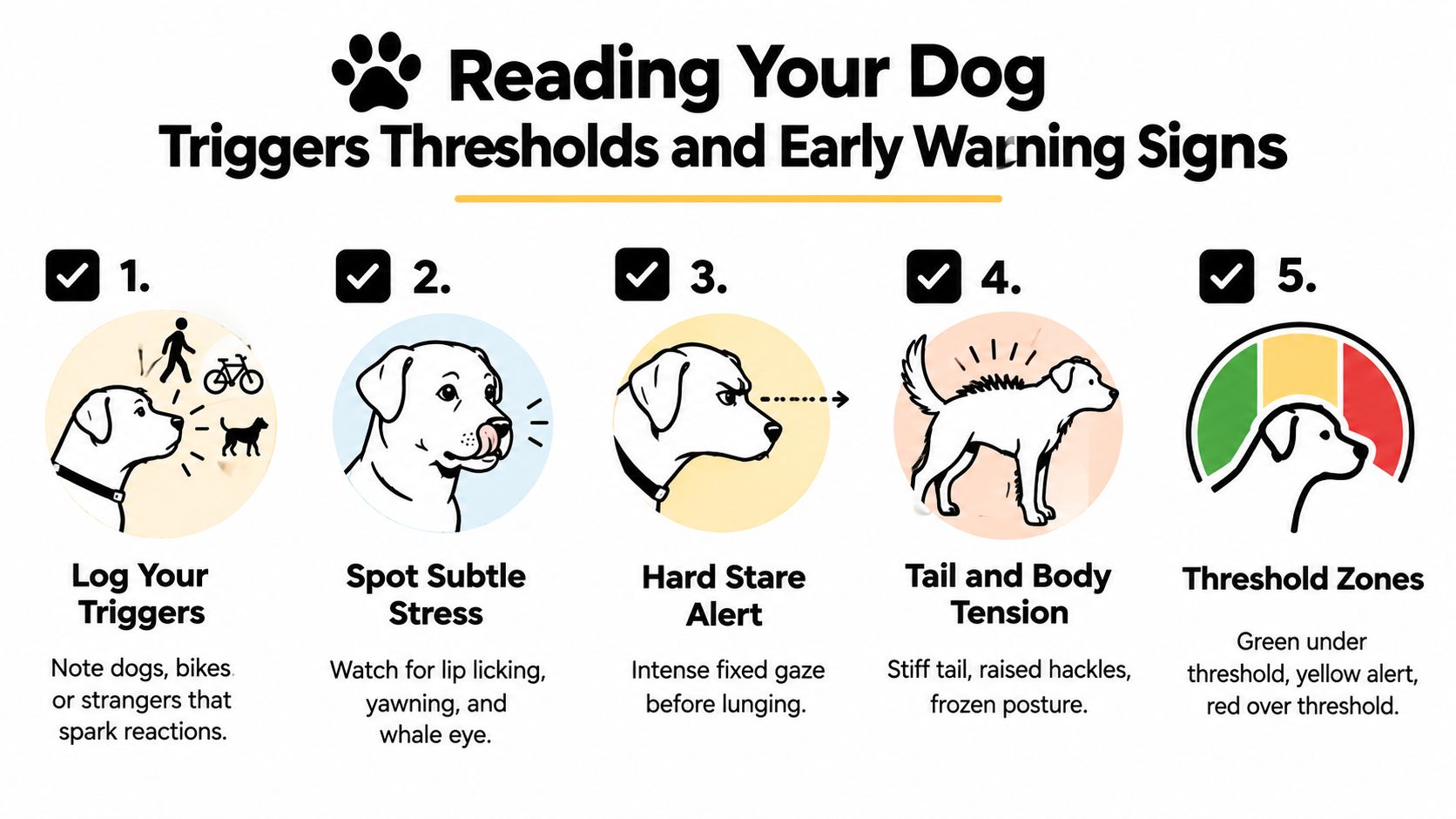 An infographic showing five early warning signs of a reactive dog including triggers, stress, and body tension.
