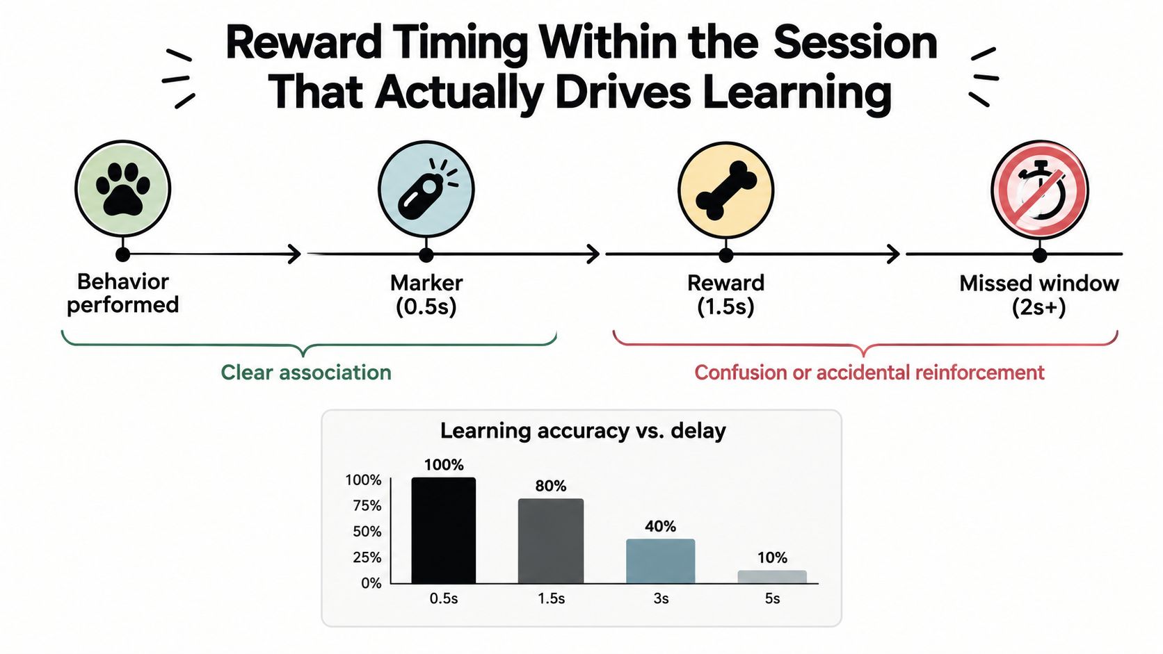 A diagram explaining the importance of timing markers and rewards when training dogs for better learning.