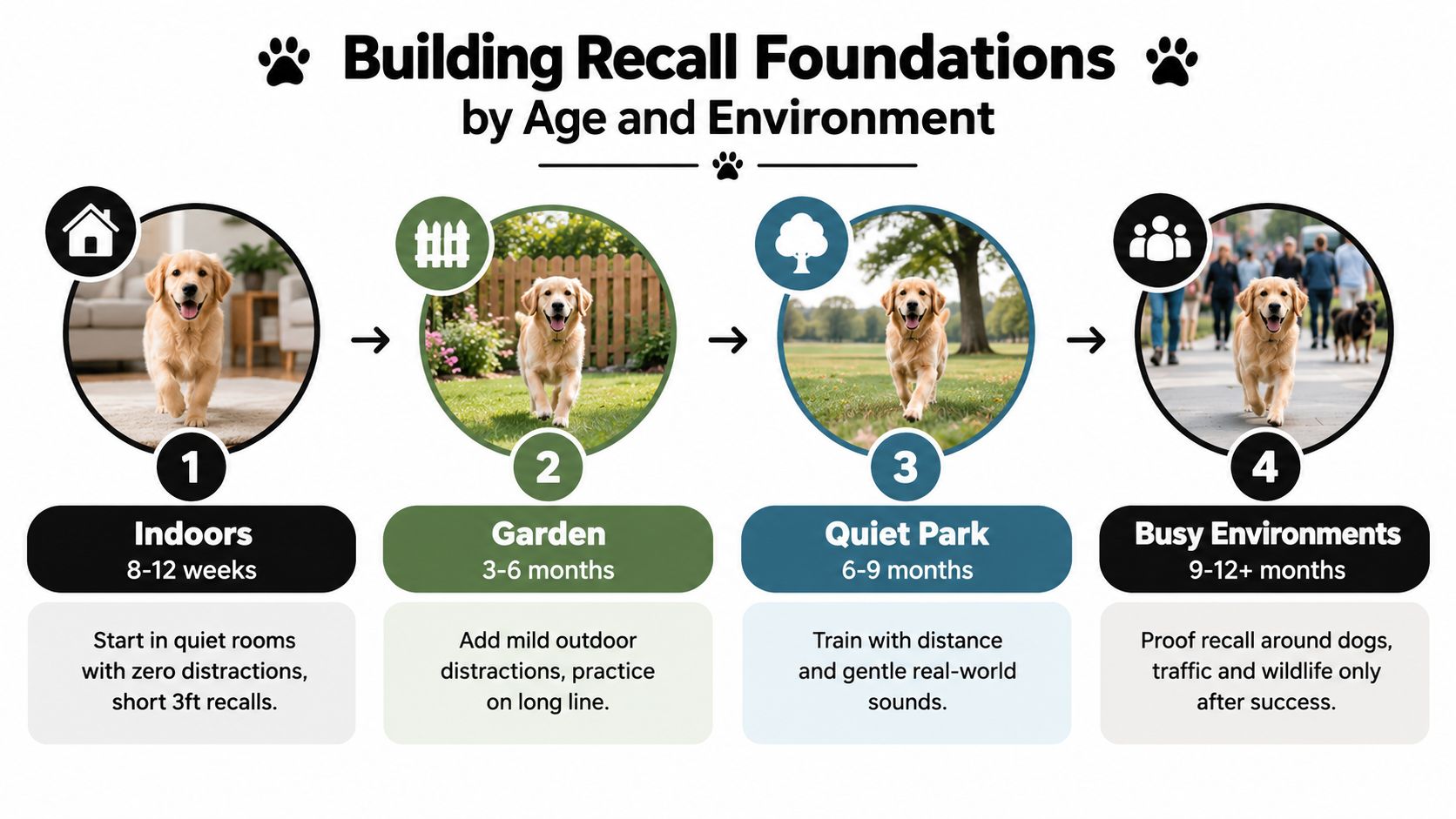 A step-by-step guide on how to train puppy recall starting indoors and moving to busy outdoor environments.