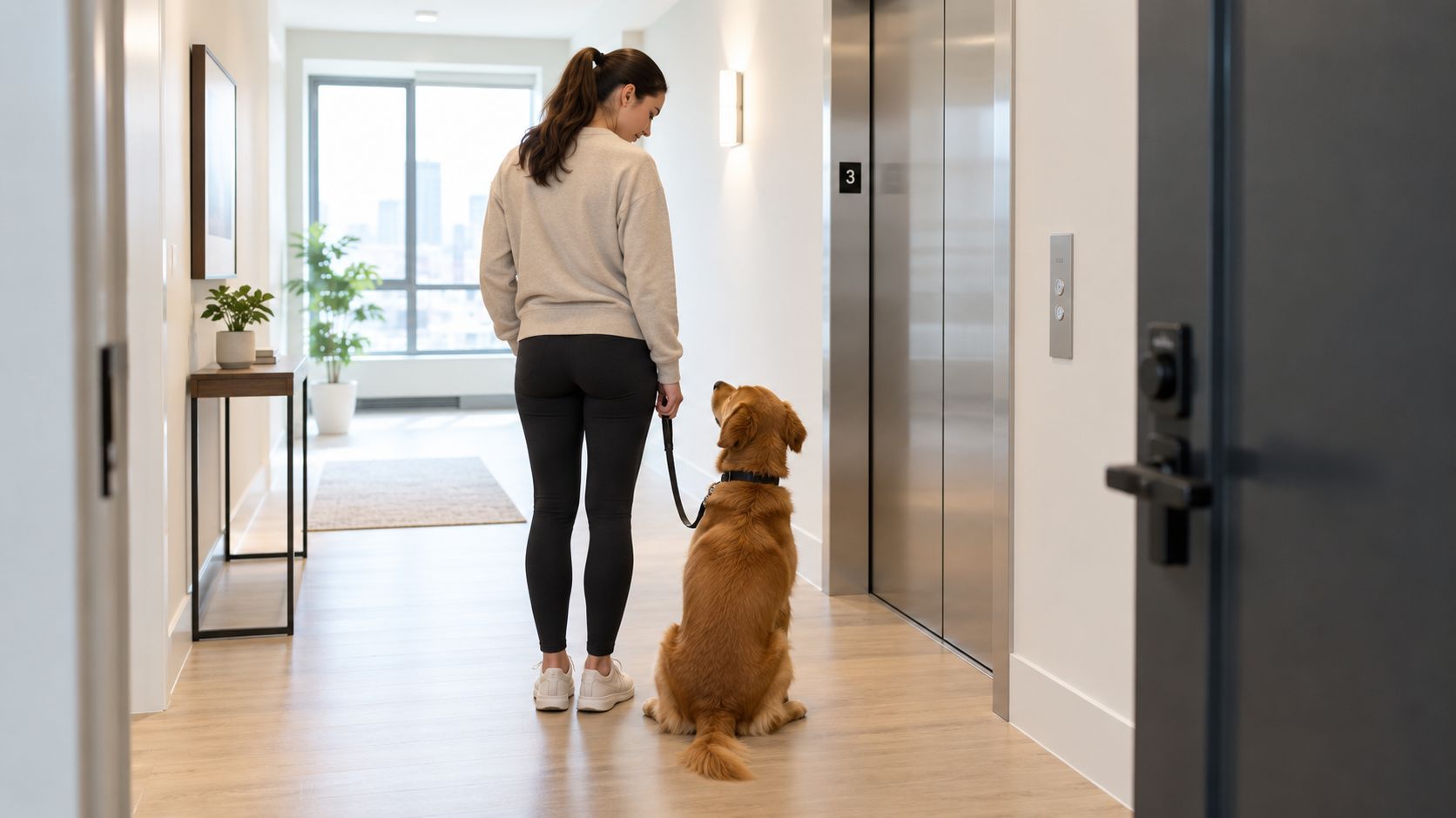 A young woman stands in an apartment hallway waiting for an elevator with her golden retriever dog.