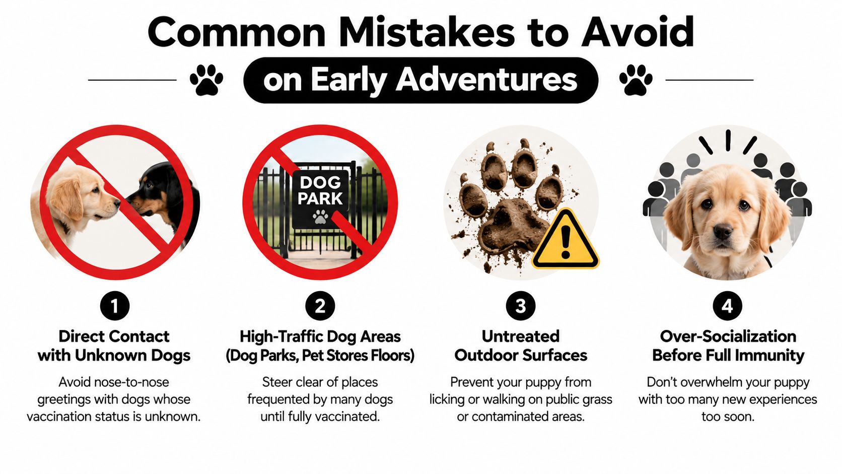 An infographic showing four common mistakes to avoid when taking a new puppy on outdoor adventures.