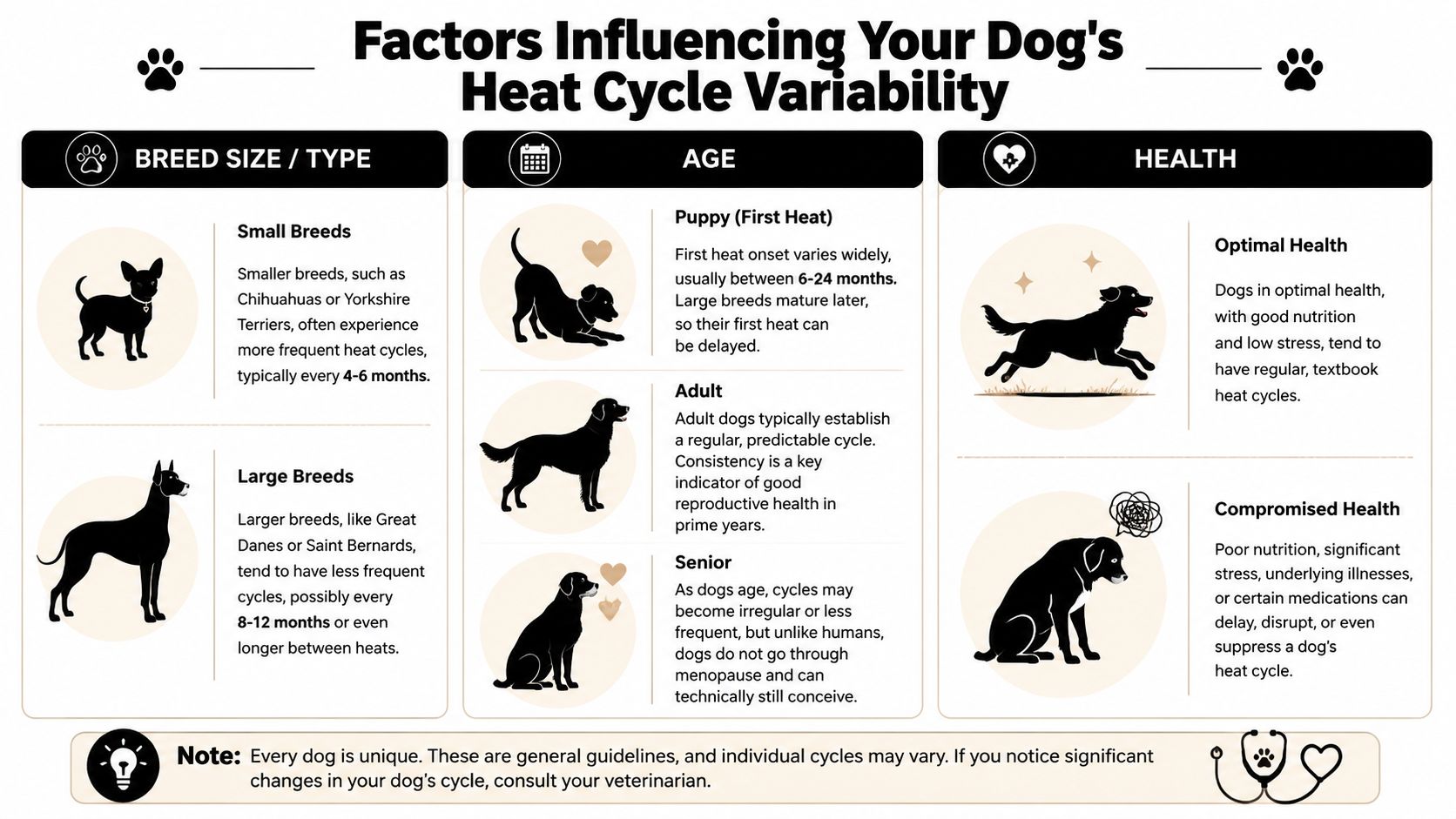 An infographic detailing the factors influencing a dog's heat cycle, including breed size, age, and health.