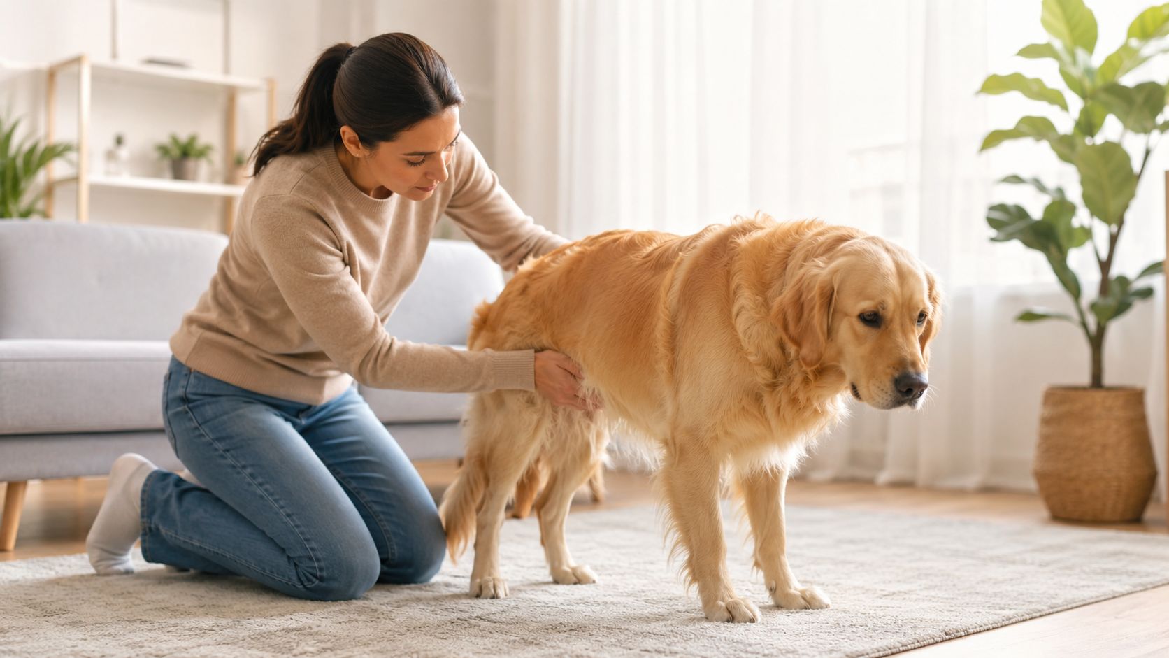 A woman gently examines her golden retriever dog while kneeling on a living room carpet at home.