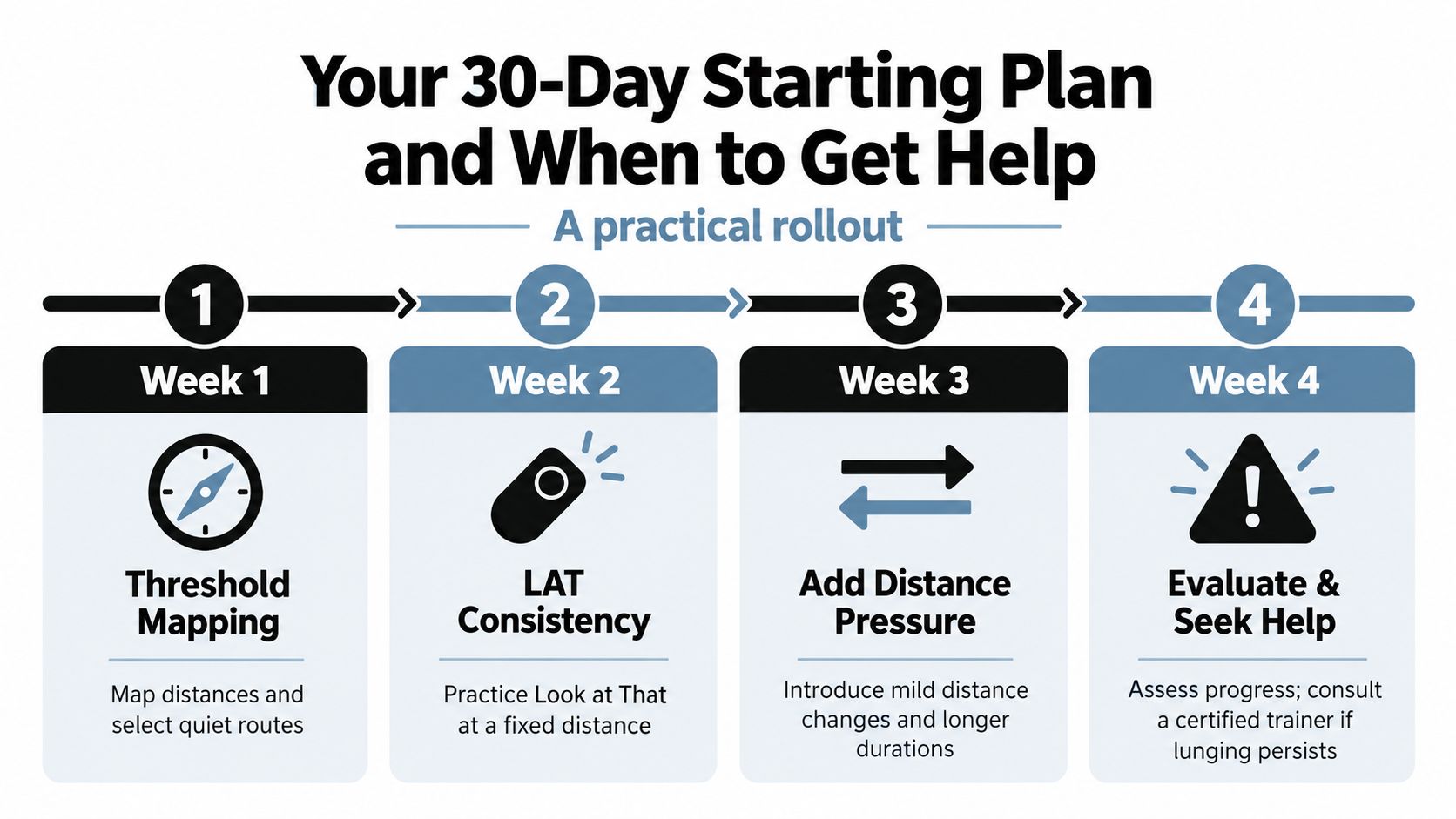 A 30-day training plan infographic for managing a dog's lunging behavior using a four-week step-by-step process.