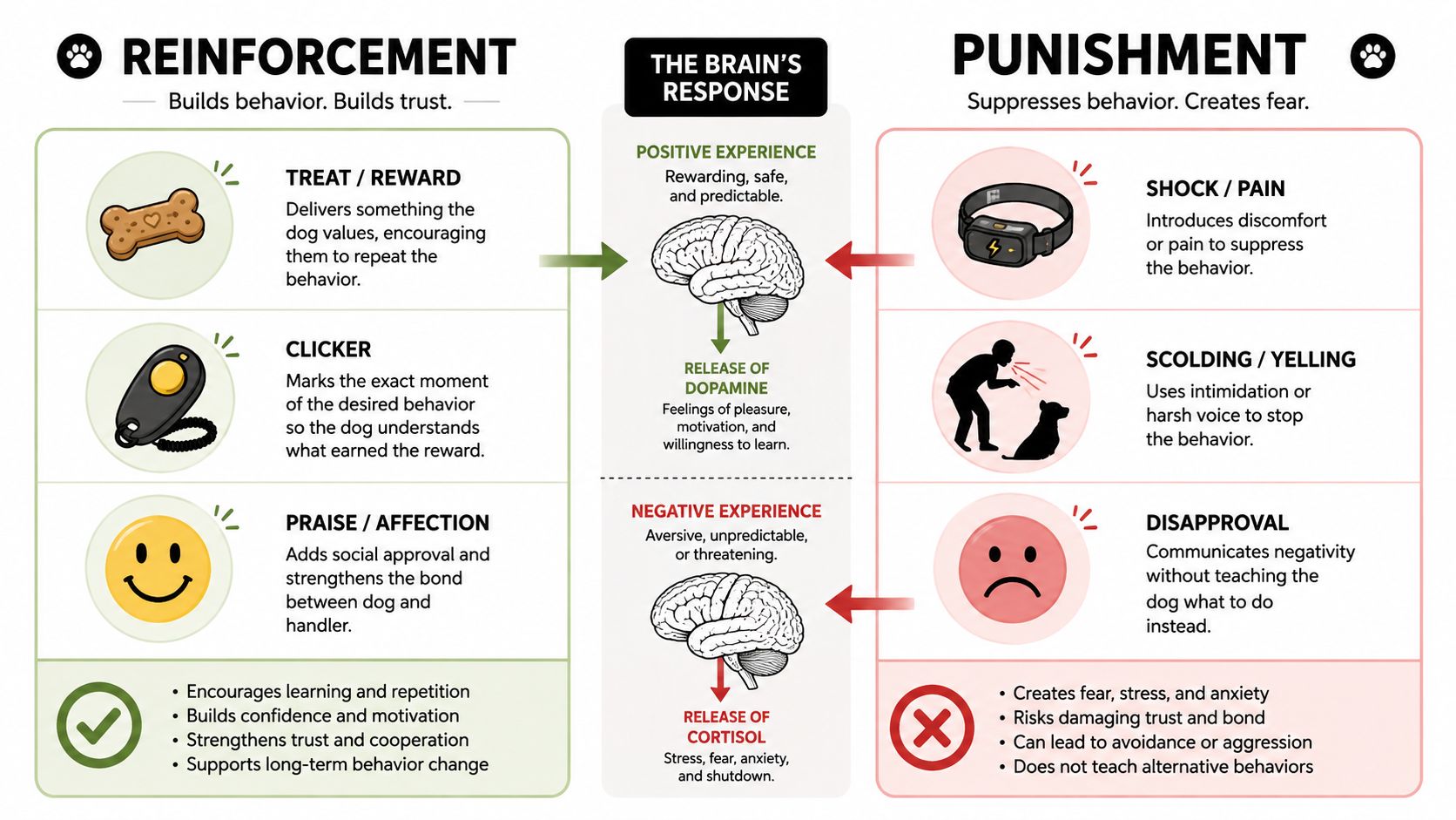 An infographic comparing dog training methods, showing positive reinforcement versus punishment and their effects on canine brain chemistry.