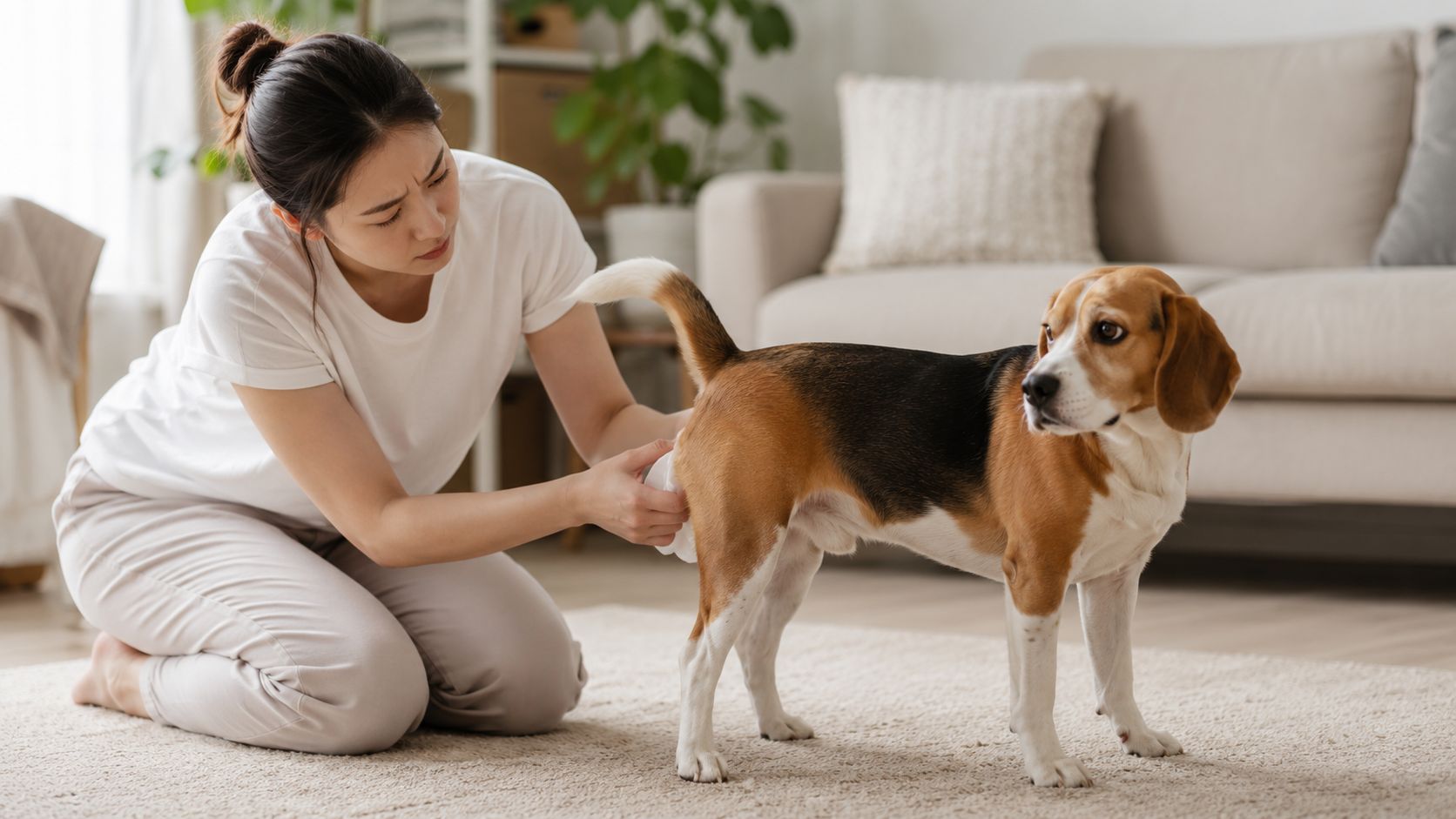 A woman cleaning a beagle dog with a wipe while kneeling on the living room floor.