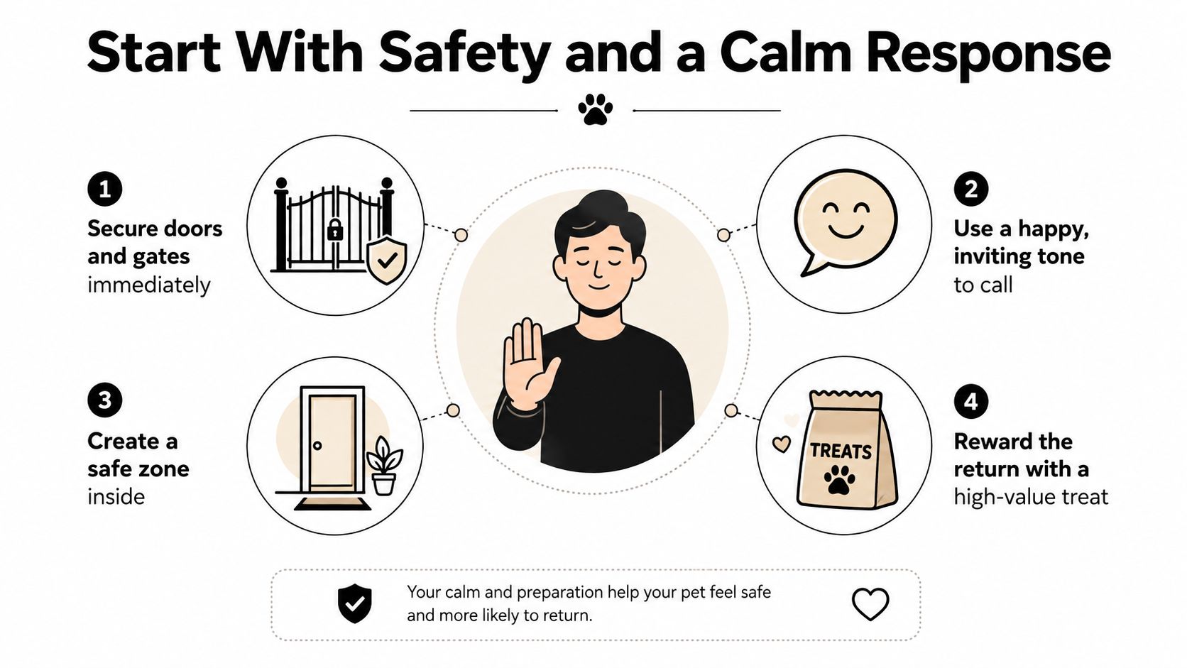 An infographic illustrating four steps to safely handle a pet that has escaped or run away.