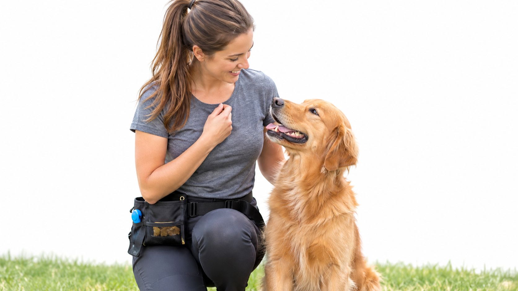 A happy woman interacting with her golden retriever dog outdoors on the grass.