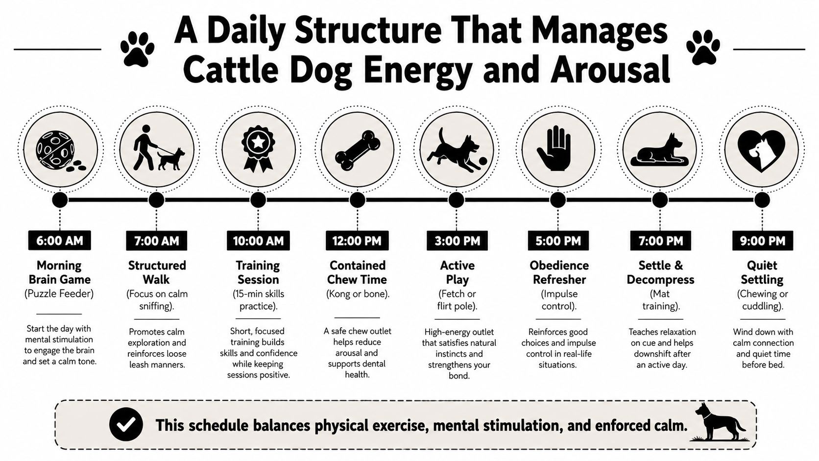 An infographic outlining a daily activity schedule to manage the energy and arousal levels of cattle dogs.