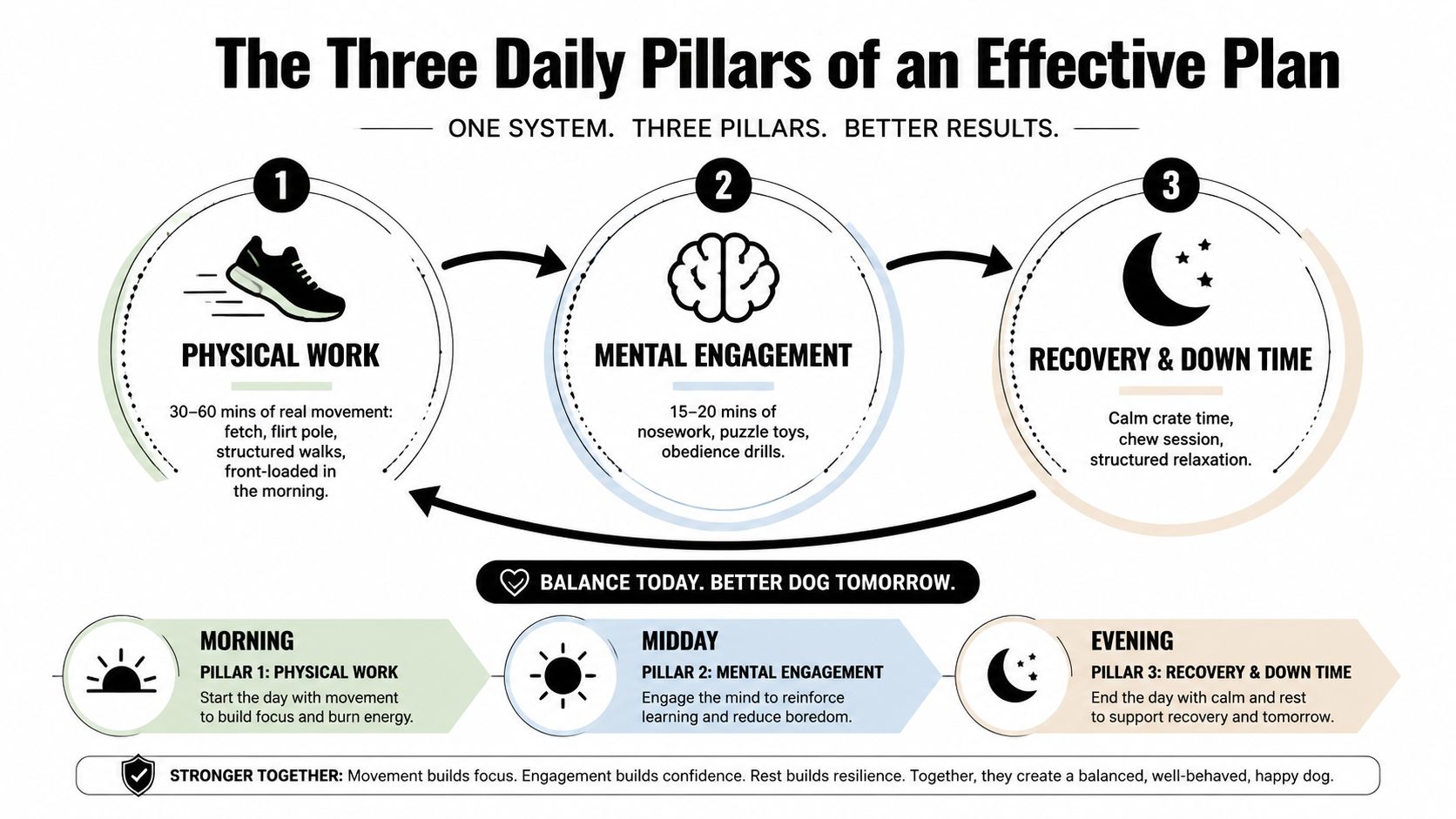 An infographic titled The Three Daily Pillars of an Effective Plan for dog training routines.