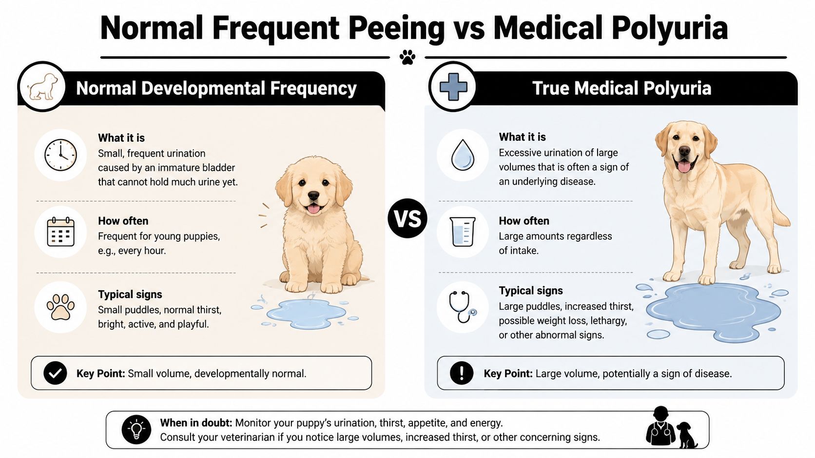 A comparison infographic between normal puppy bladder development and medical polyuria symptoms in adult dogs.