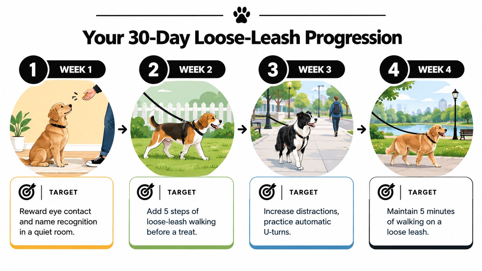 An infographic showing a four-week guide for dog leash training, including goals and visual examples for each week.