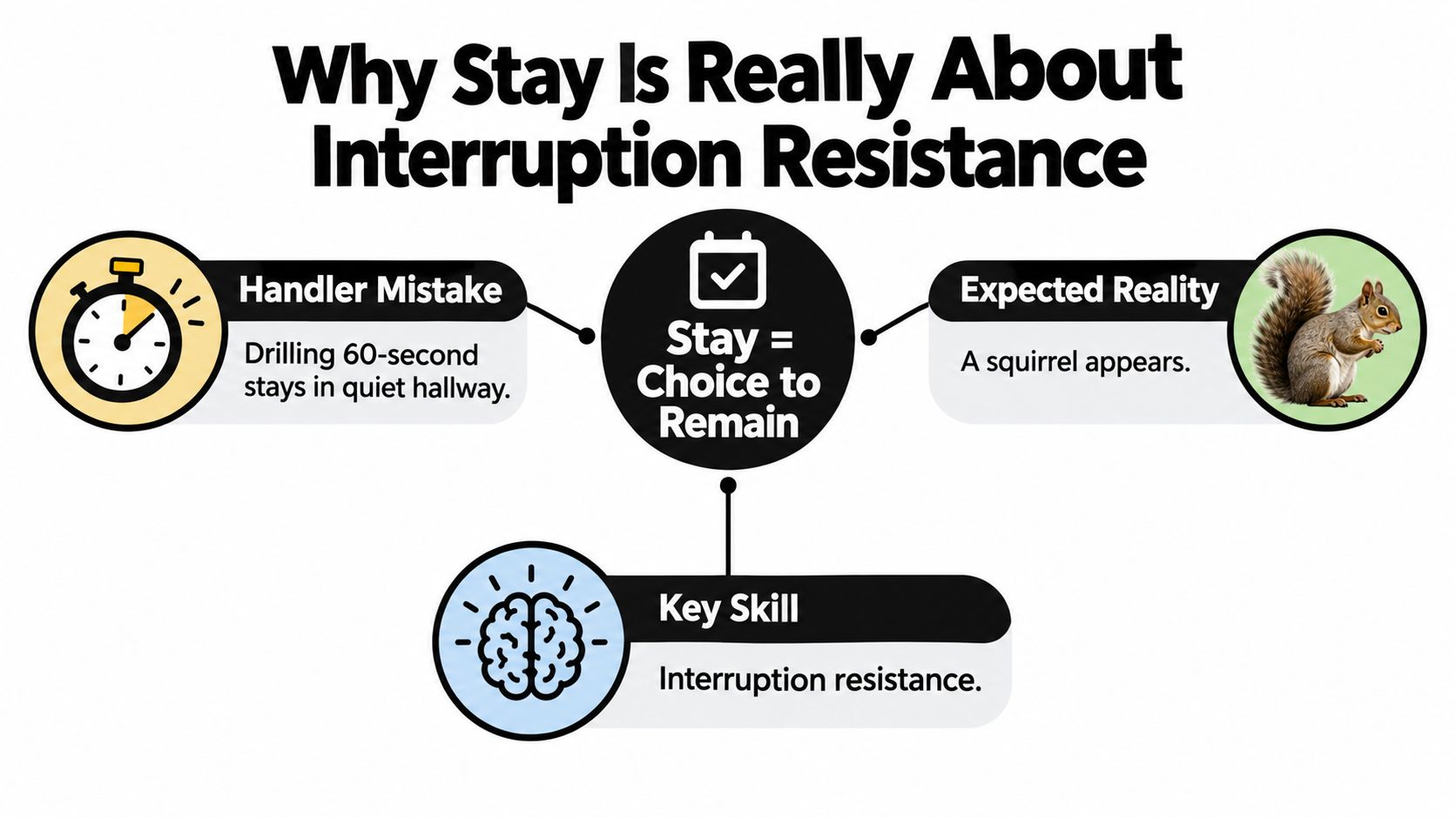 An infographic explaining that dog training stay commands are really about teaching interruption resistance, not just duration.