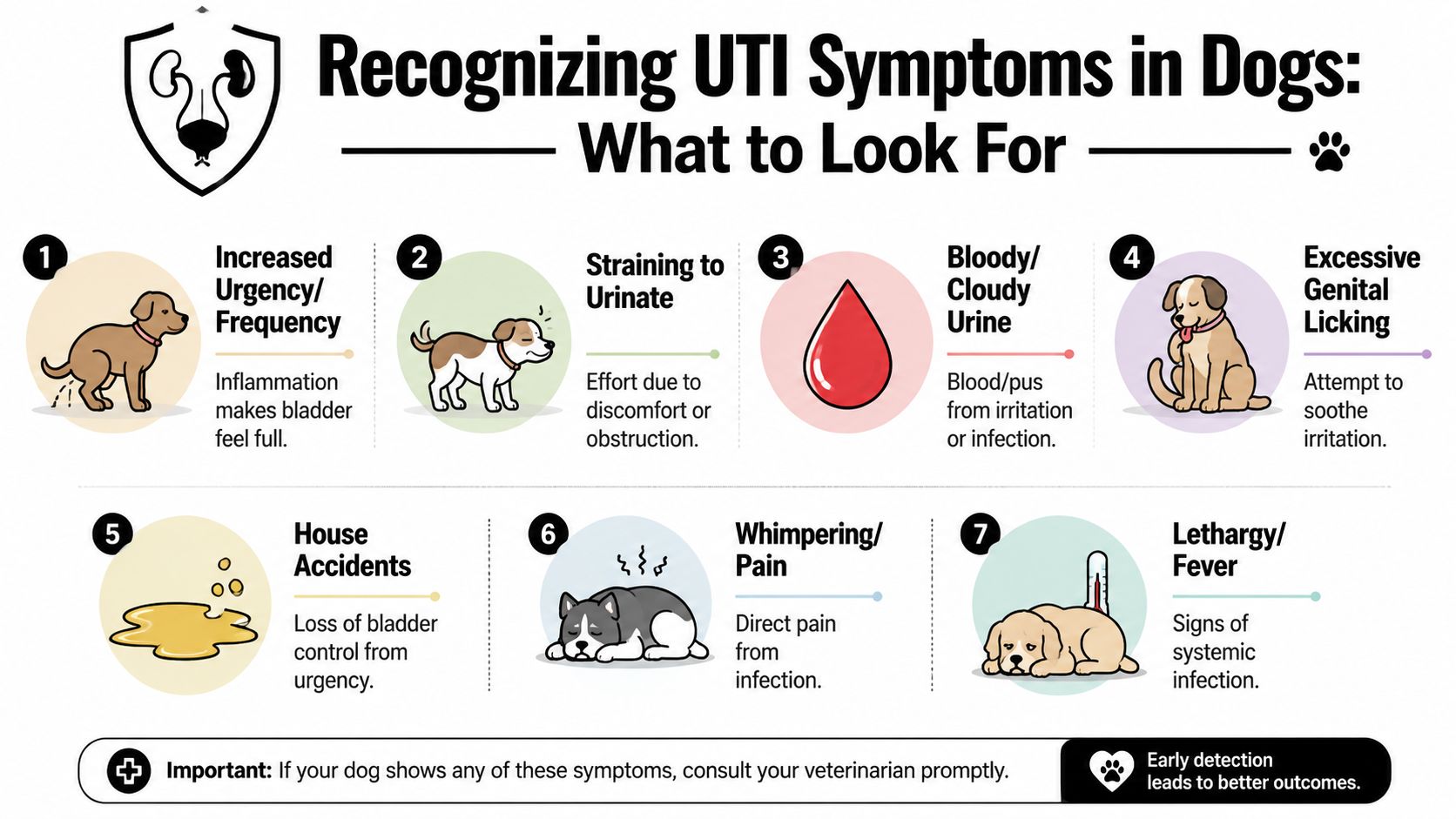 An infographic detailing seven common signs and symptoms of a urinary tract infection in dogs.