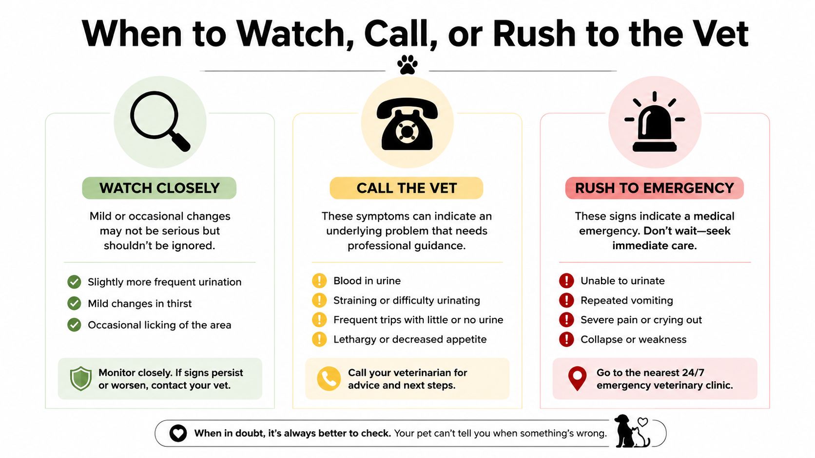 An infographic titled When to Watch, Call, or Rush to the Vet, detailing symptoms of pet urinary issues.