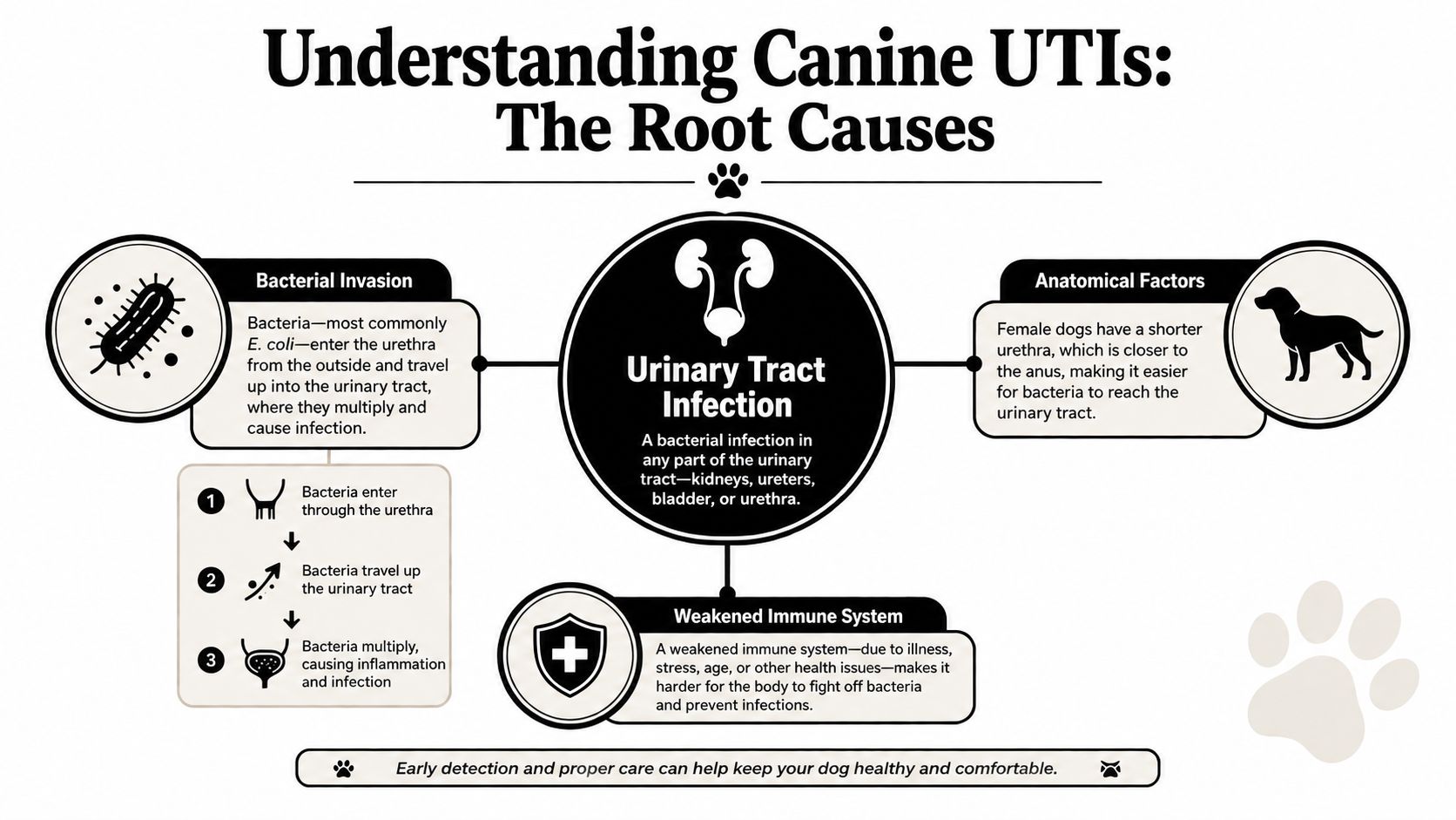 An infographic titled Understanding Canine UTIs explaining the causes including bacterial invasion, anatomical factors, and weakened immune systems.