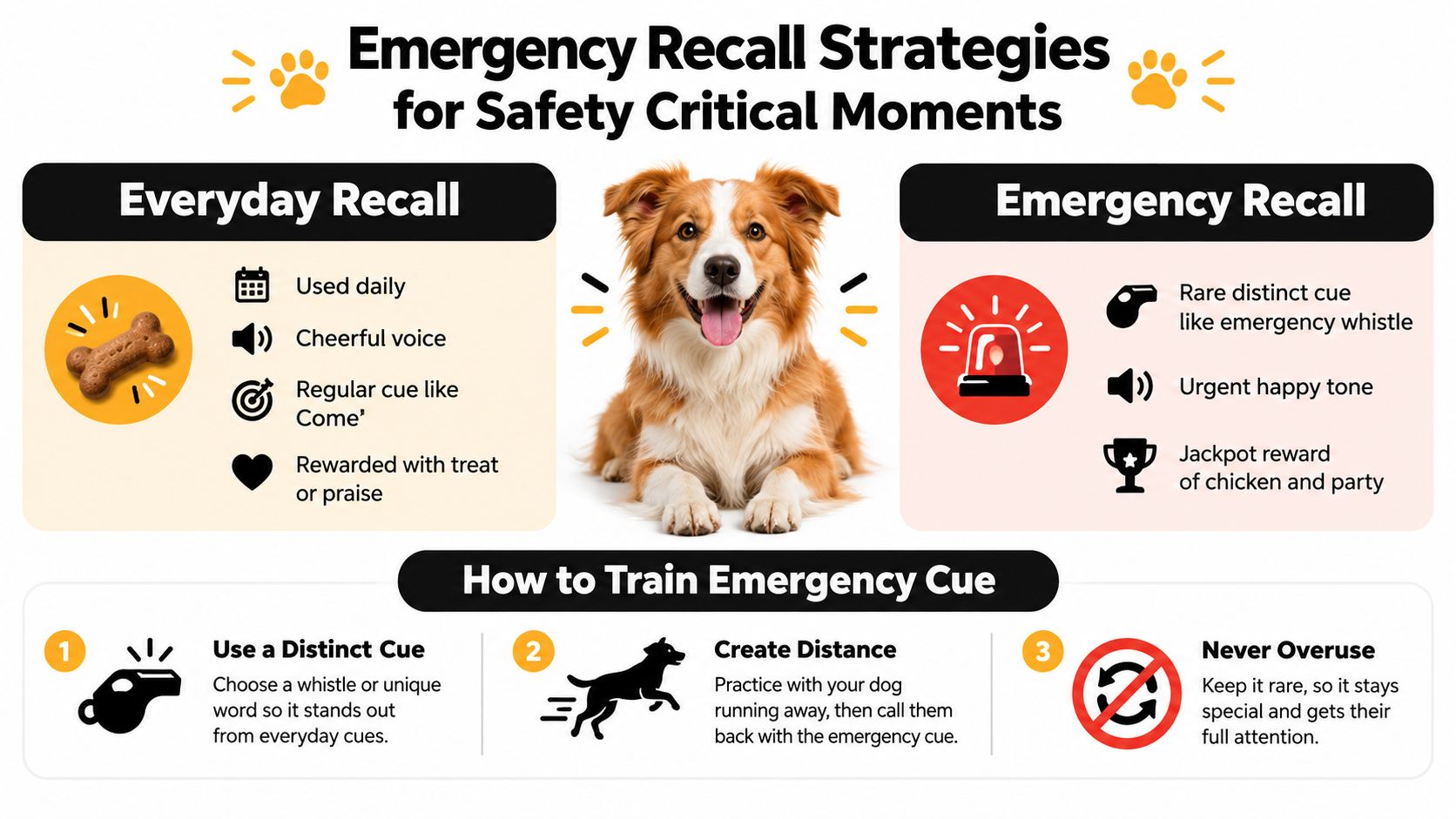 An infographic showing how to teach a dog an emergency recall cue to ensure their safety.