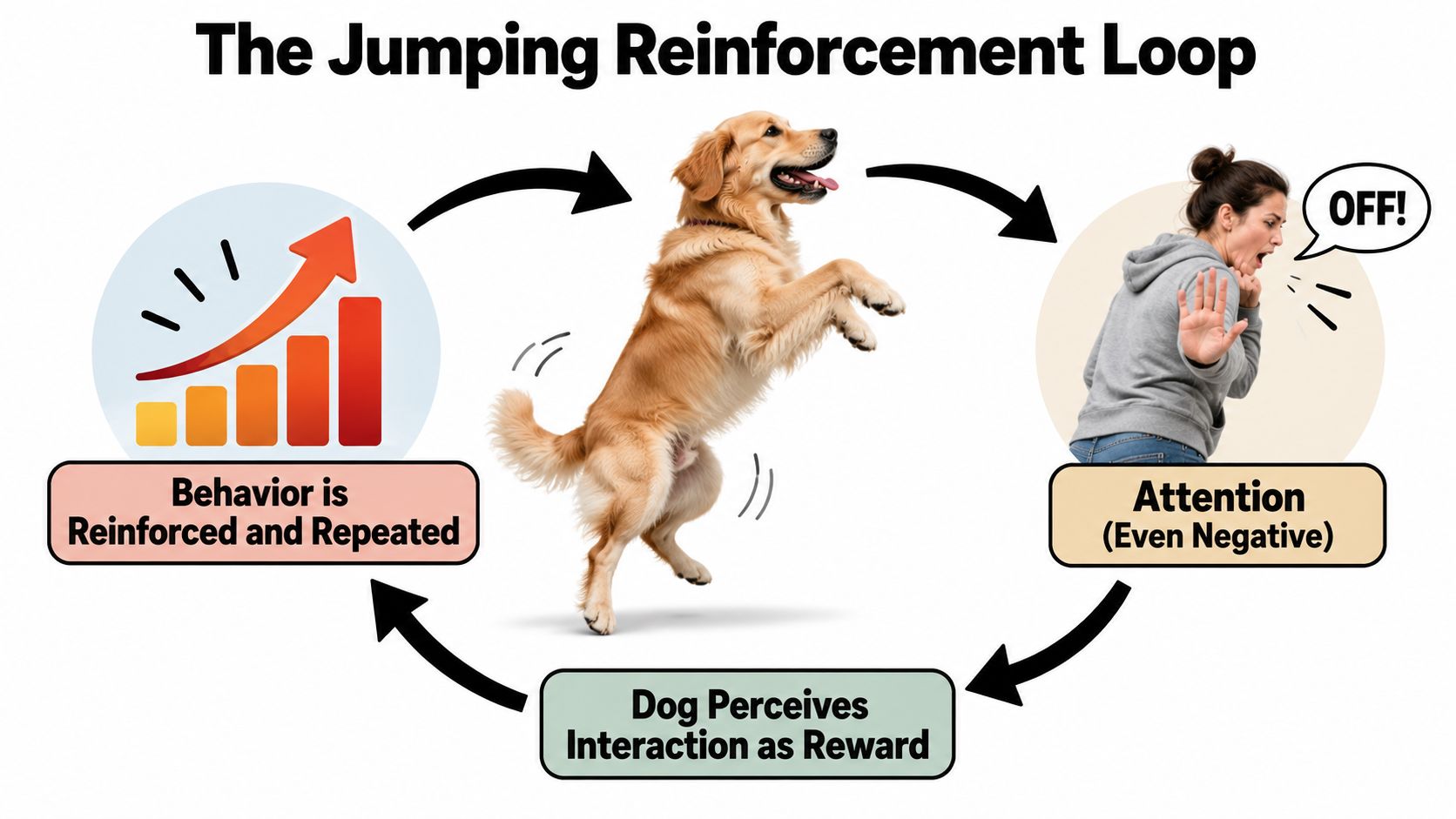 An infographic showing the cycle of how negative attention reinforces unwanted dog jumping behavior.