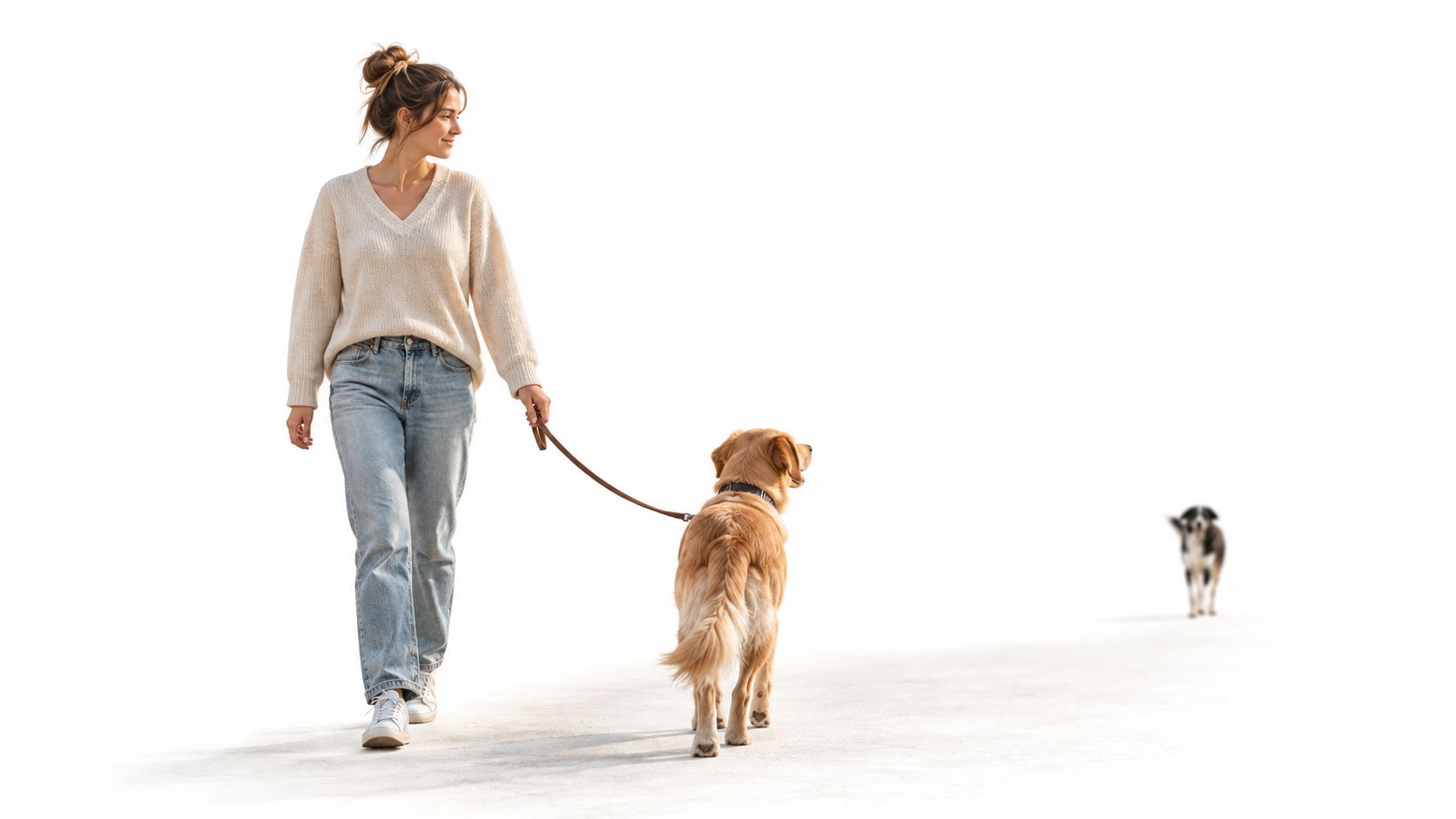 A woman calmly walking her golden retriever on a leash while another dog approaches from a distance.