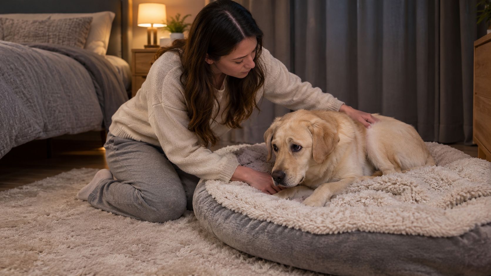 A woman kneeling on a rug gently petting her anxious labrador retriever dog in a cozy bedroom.
