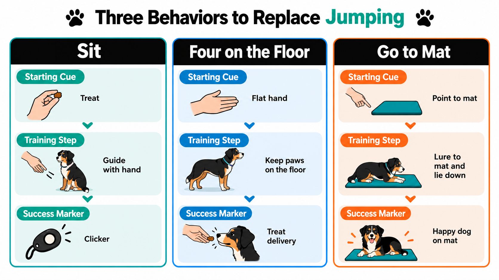 An infographic showing three positive training methods to stop a dog from jumping: Sit, Four on the Floor, and Go to Mat.