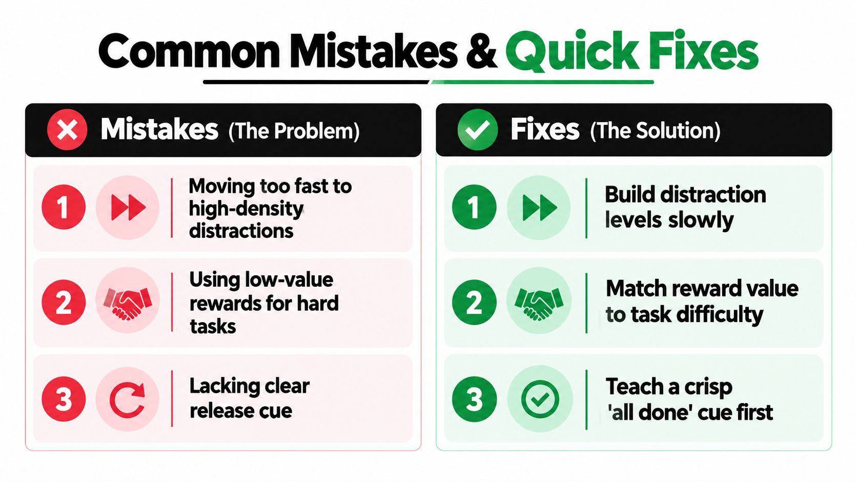 A chart comparing three common dog training mistakes with their corresponding quick fix solutions for better results.
