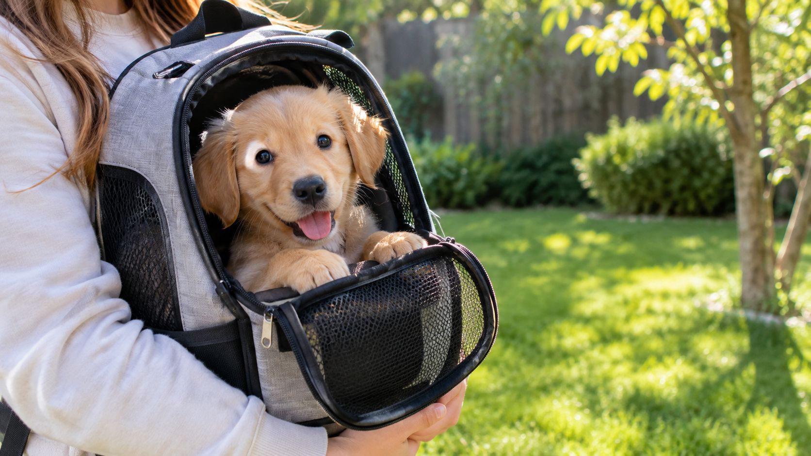 A happy golden retriever puppy sitting inside a grey pet carrier backpack worn by its owner outdoors.