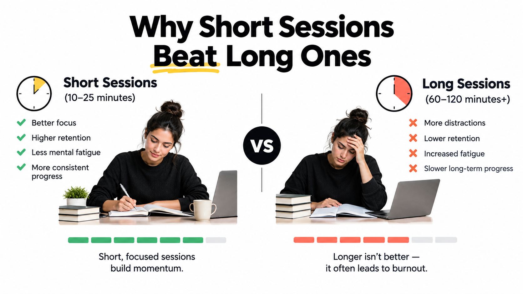 An infographic comparing short study sessions versus long sessions, highlighting the benefits of shorter, focused intervals.