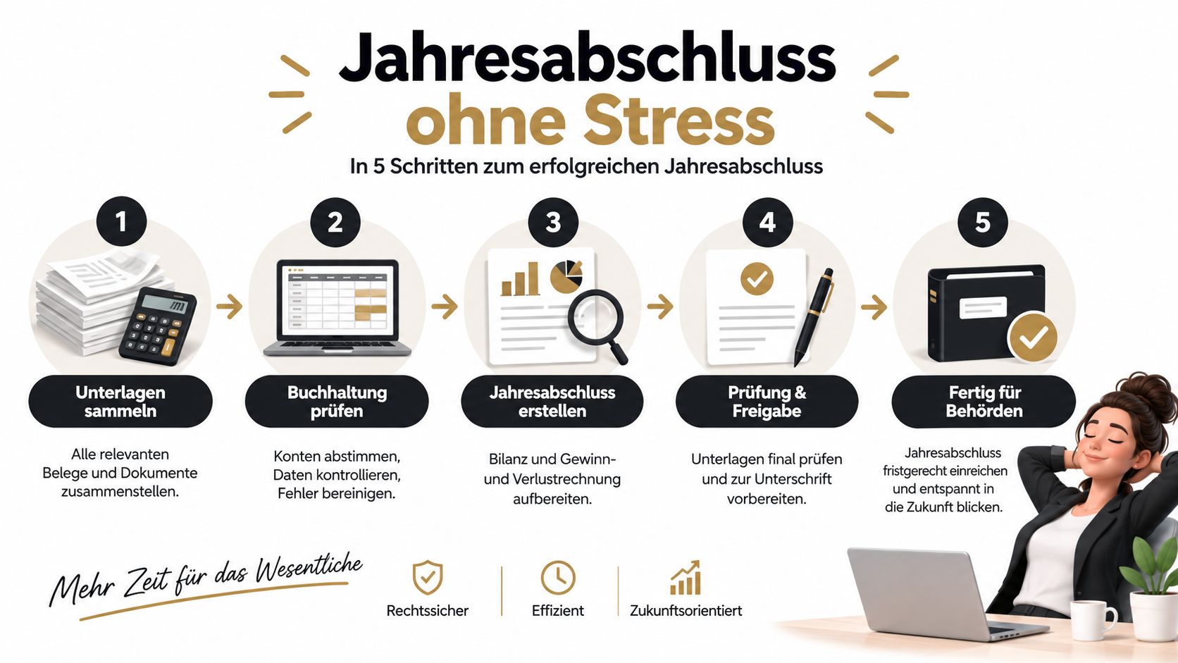 Eine Infografik mit fünf Schritten für einen stressfreien Jahresabschluss für Vereine und Unternehmen.