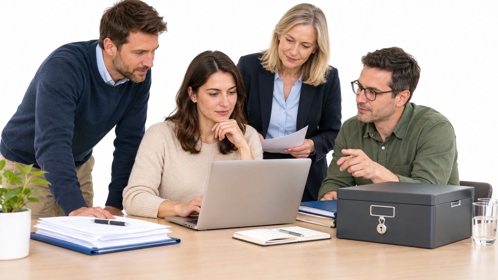 Ein Team von Fachleuten arbeitet gemeinsam an einem Laptop und bespricht Unterlagen in einem hellen Büro.