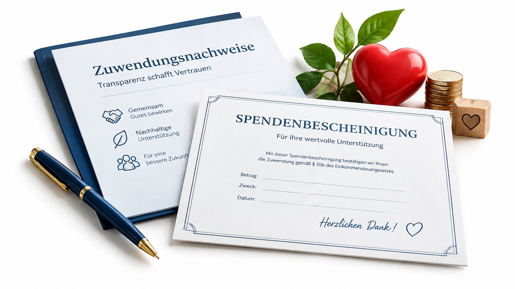 Eine Spendenbescheinigung liegt neben einem Stift, einer Geldmünzen-Stapelung und einem Herzsymbol auf einem weißen Hintergrund.