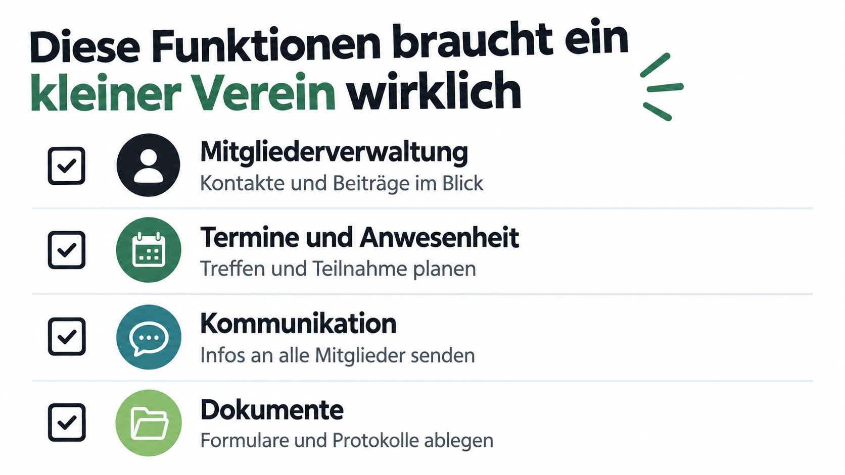 Grafik zeigt wichtige Funktionen für kleine Vereine wie Mitgliederverwaltung, Terminplanung, Kommunikation und Dokumentenablage für eine effiziente Vereinsarbeit.