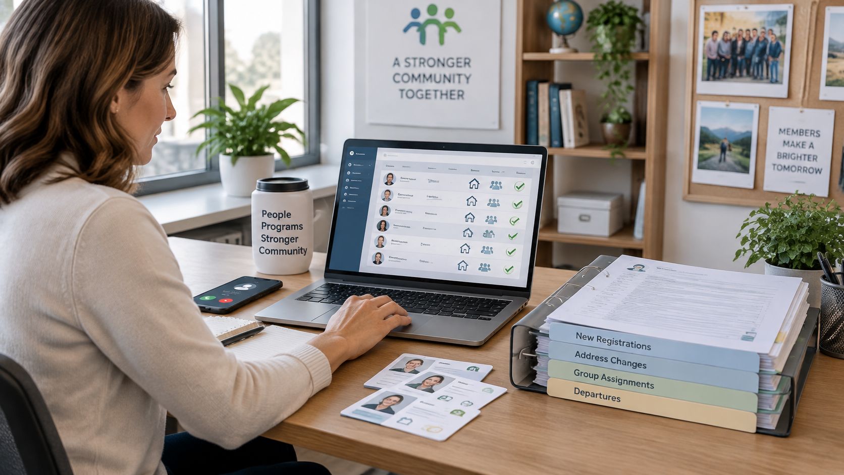 Eine Frau arbeitet am Laptop in einem Büro an der Verwaltung von Mitgliedsdaten für eine soziale Organisation.