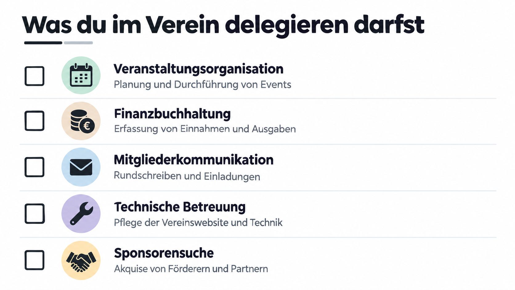 Grafische Liste von delegierbaren Aufgaben im Verein, inklusive Veranstaltungsorganisation, Finanzbuchhaltung, Mitgliederkommunikation, technischer Betreuung und Sponsorensuche.