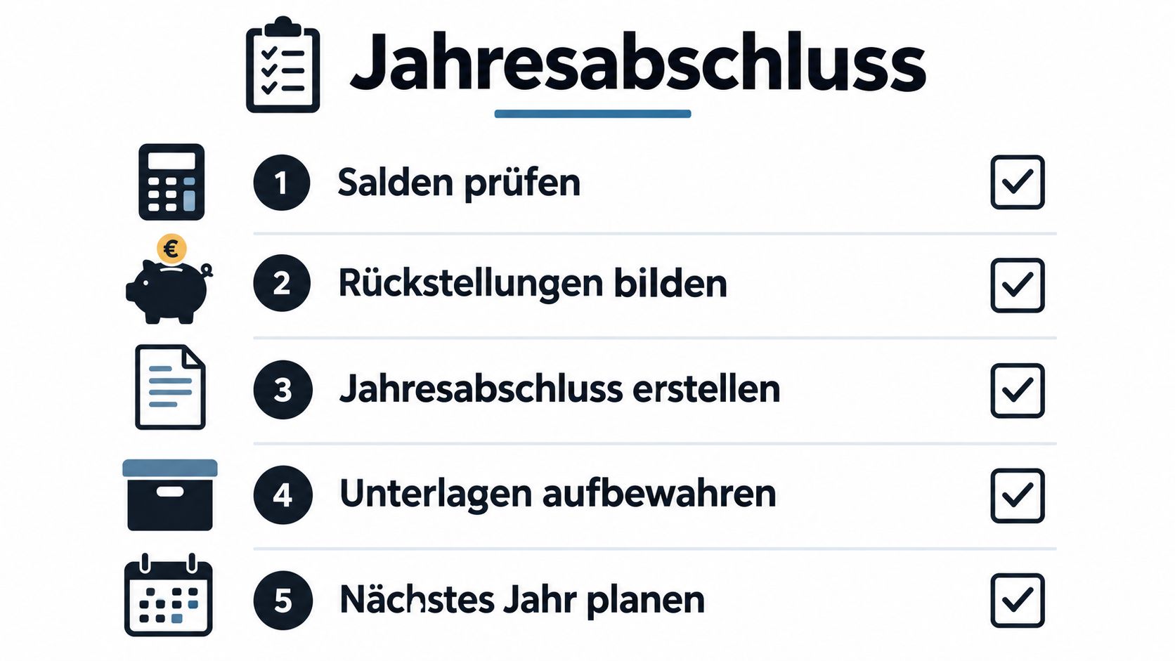 Eine Checkliste zum Thema Jahresabschluss mit fünf Schritten für eine ordnungsgemäße Buchhaltung im Verein oder Unternehmen.