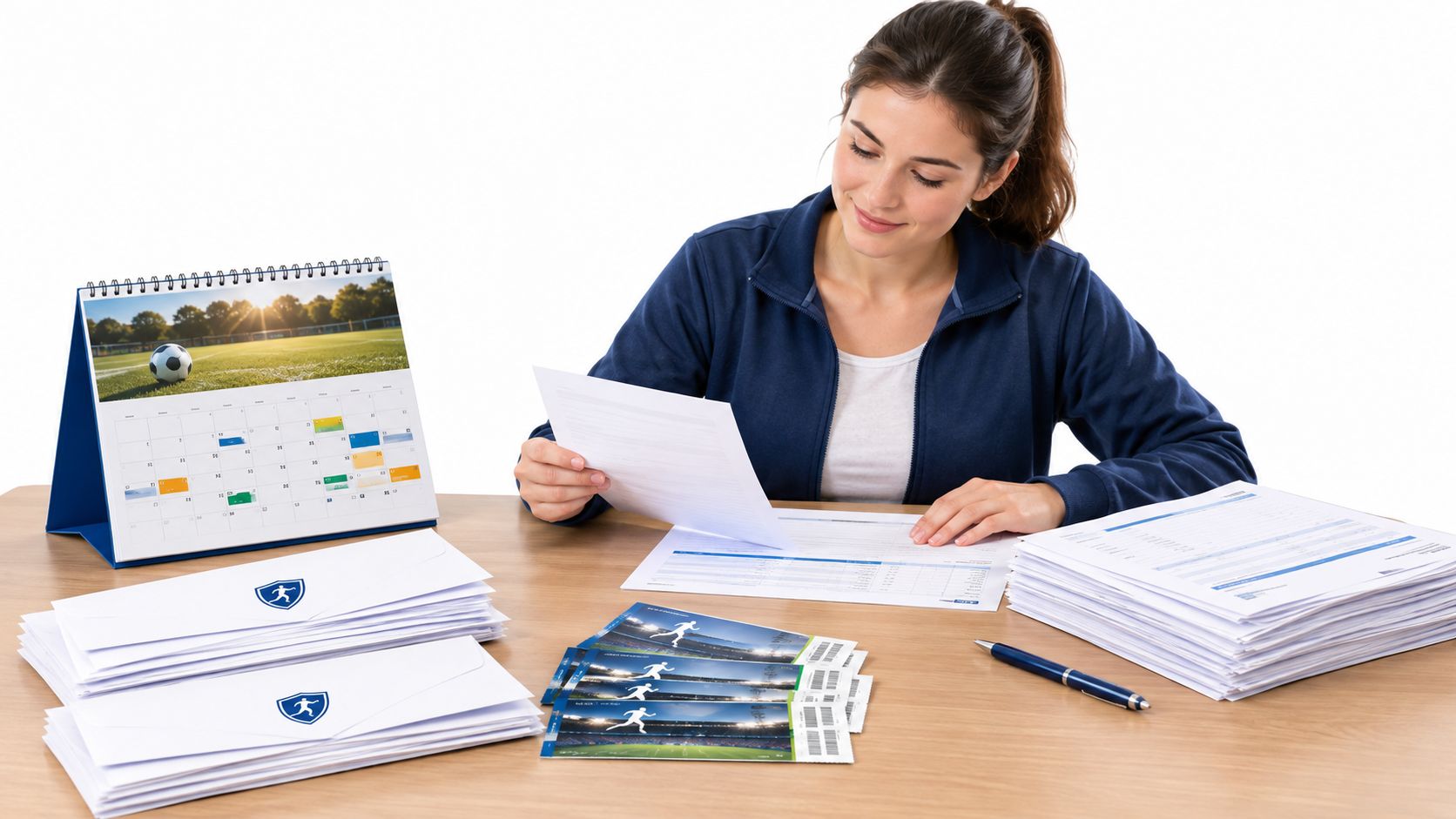 Eine Frau in Sportkleidung organisiert Unterlagen und Dokumente an einem Schreibtisch in einem Büro eines Sportvereins.