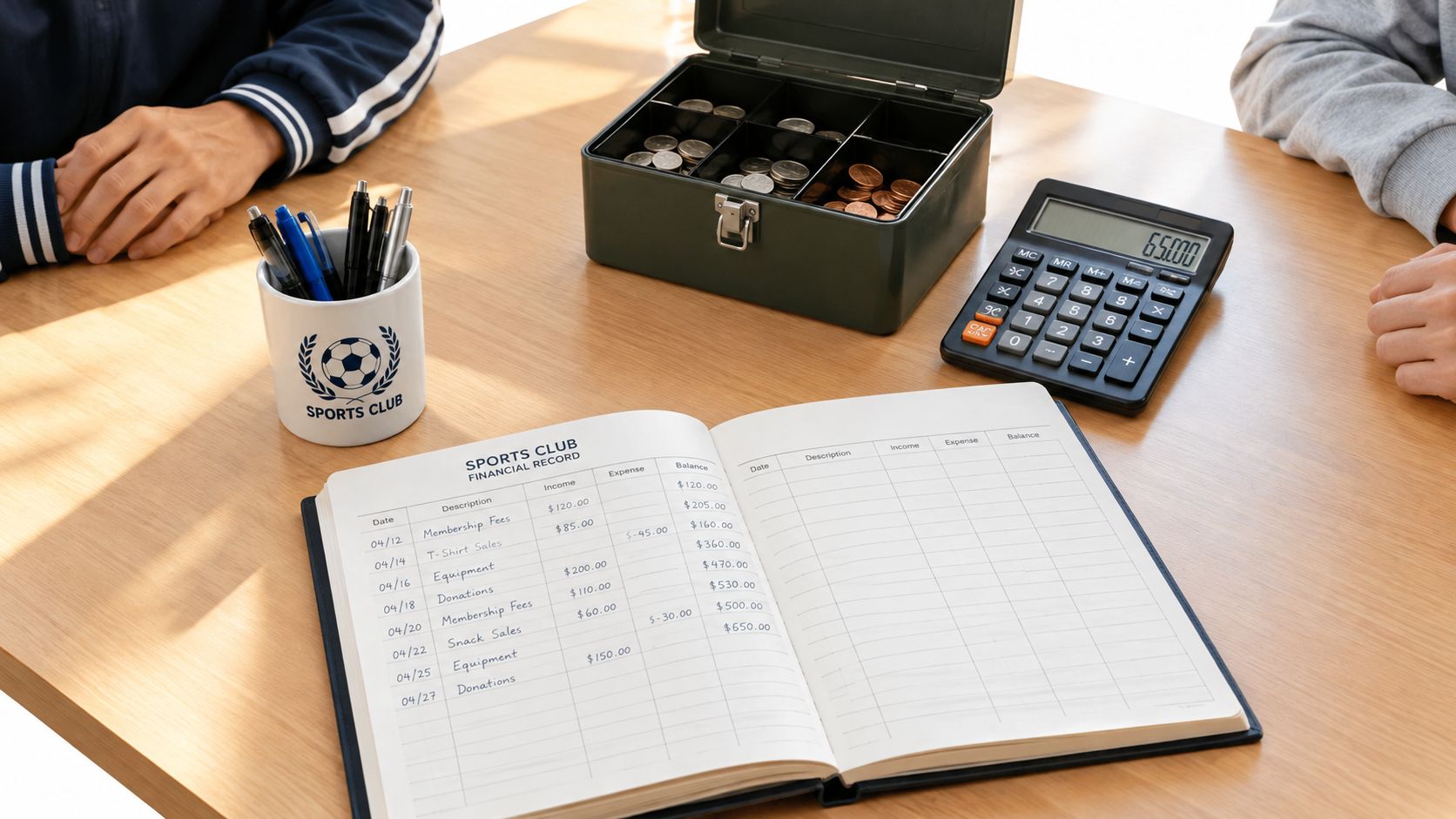 Ein offenes Kassenbuch mit finanziellen Aufzeichnungen eines Sportvereins liegt neben einer Geldkassette und einem Taschenrechner auf einem Holztisch.