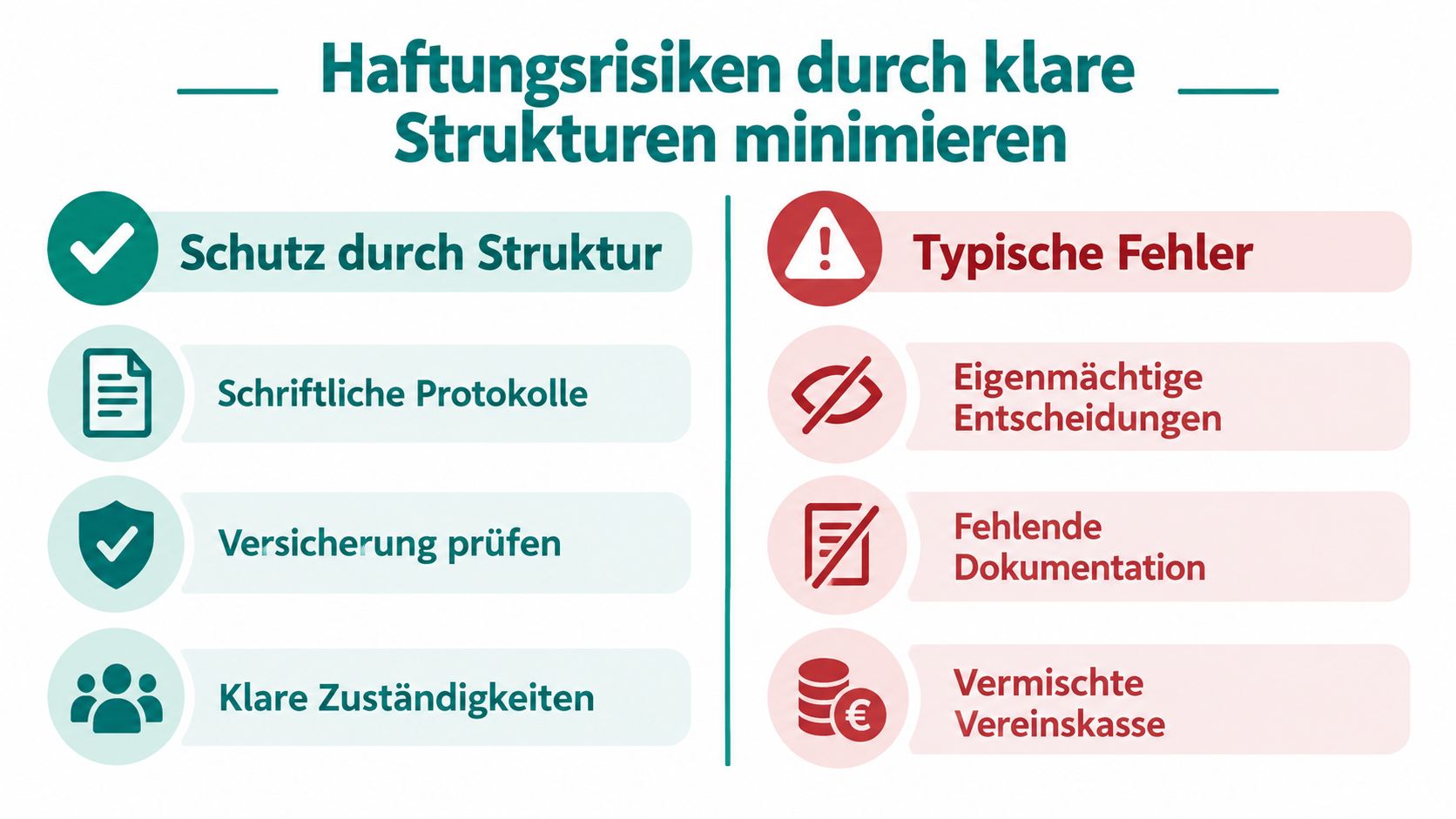 Eine Infografik, die zeigt, wie Vereinsvorstände Haftungsrisiken durch klare Strukturen und Vermeidung typischer Fehler minimieren können.