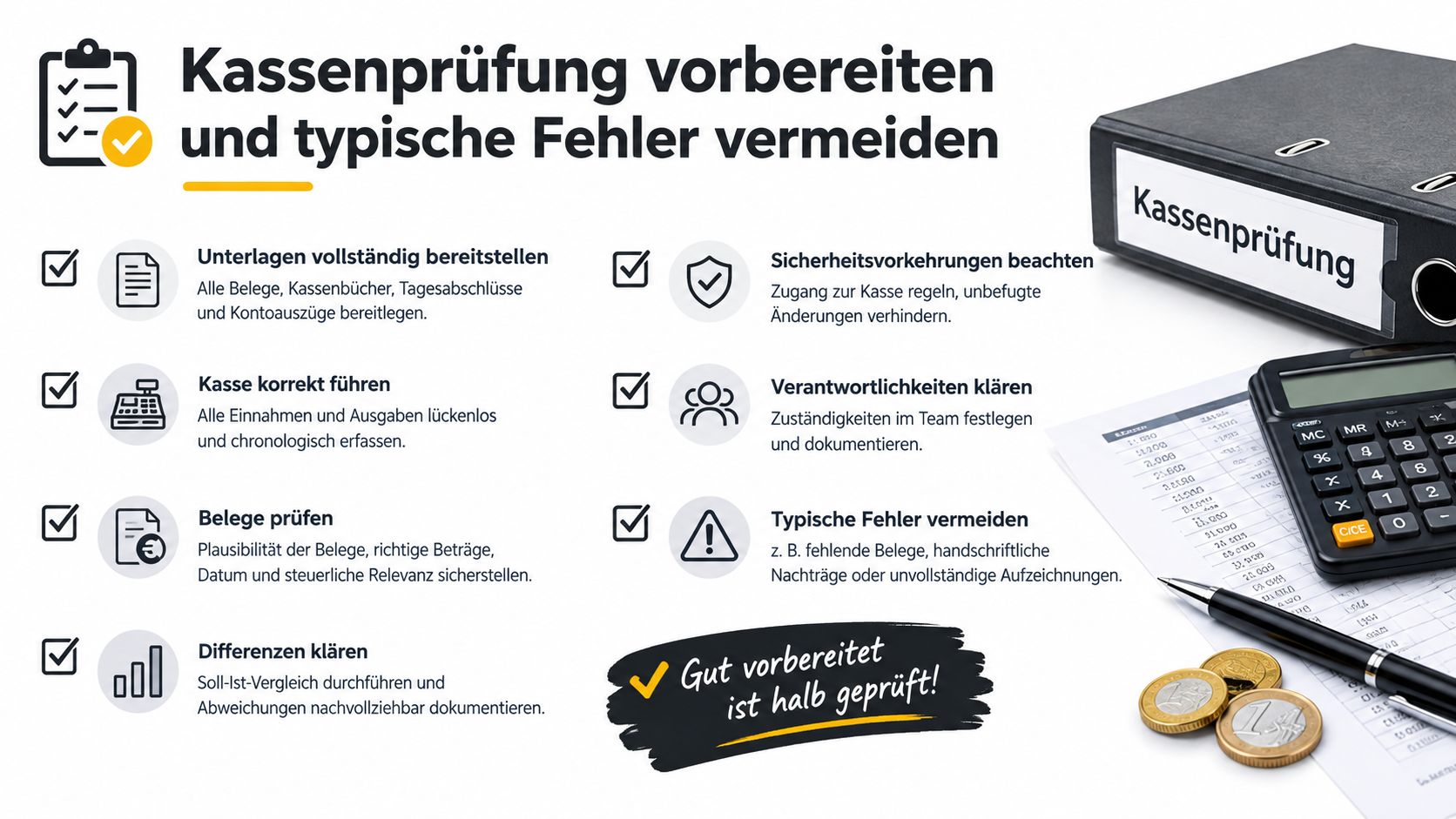 Eine Infografik mit Tipps zur Vorbereitung einer Kassenprüfung für Vereine, einschließlich Unterlagen, Sicherheitsvorkehrungen und Dokumentation.