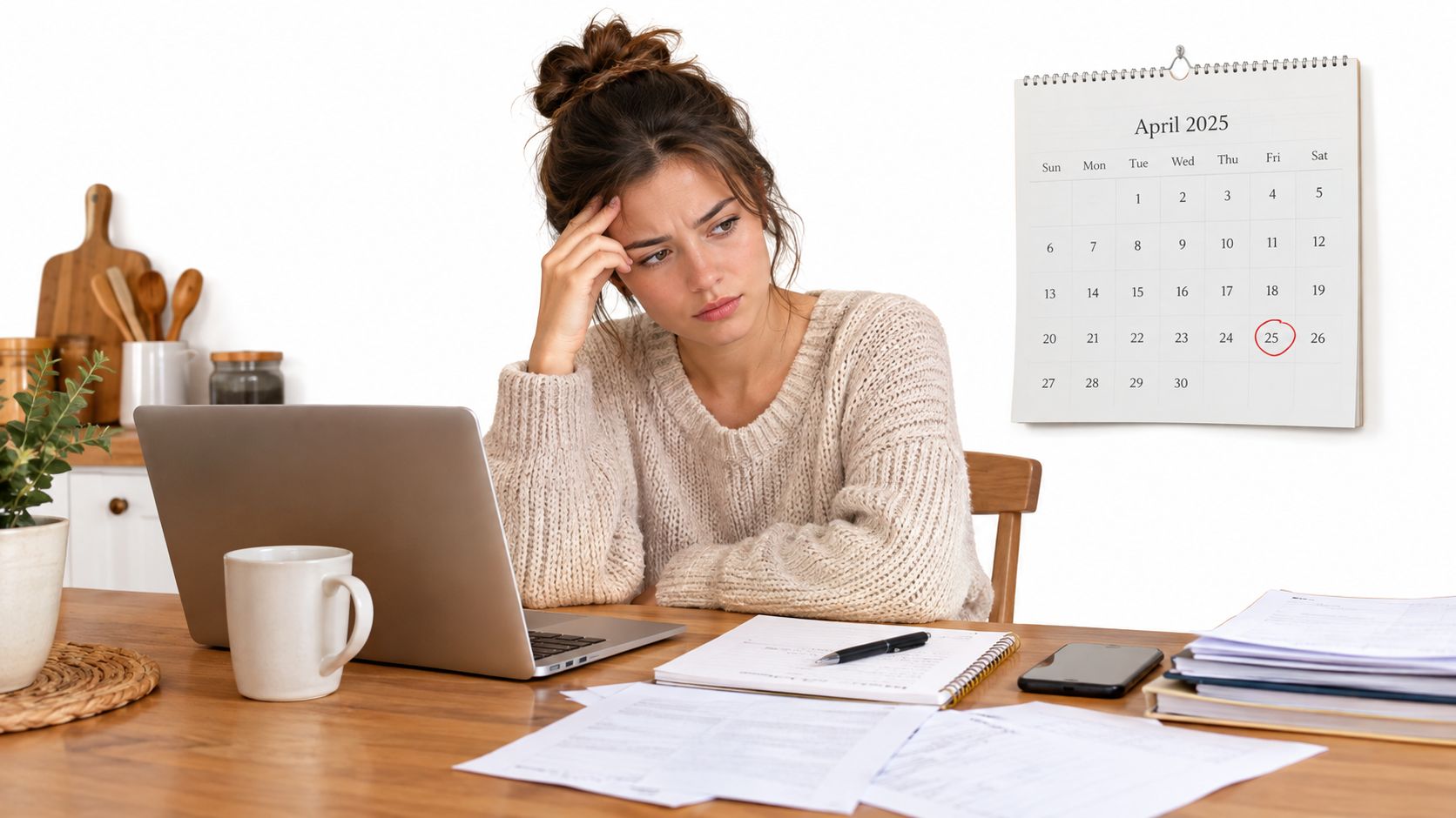 Eine gestresste junge Frau sitzt an ihrem Schreibtisch mit Laptop und blickt auf einen April 2025 Kalender.