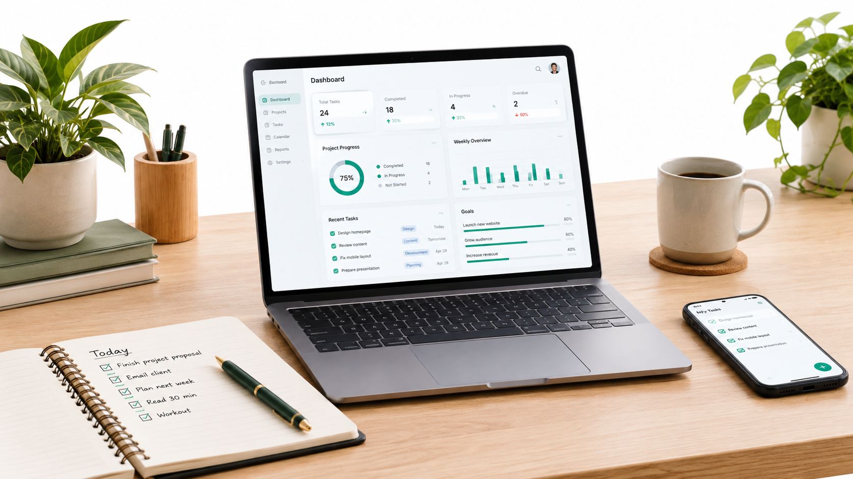 Ein moderner Schreibtisch mit einem Laptop, der ein Projektmanagement-Dashboard anzeigt, neben einem Notizbuch und einem Smartphone.