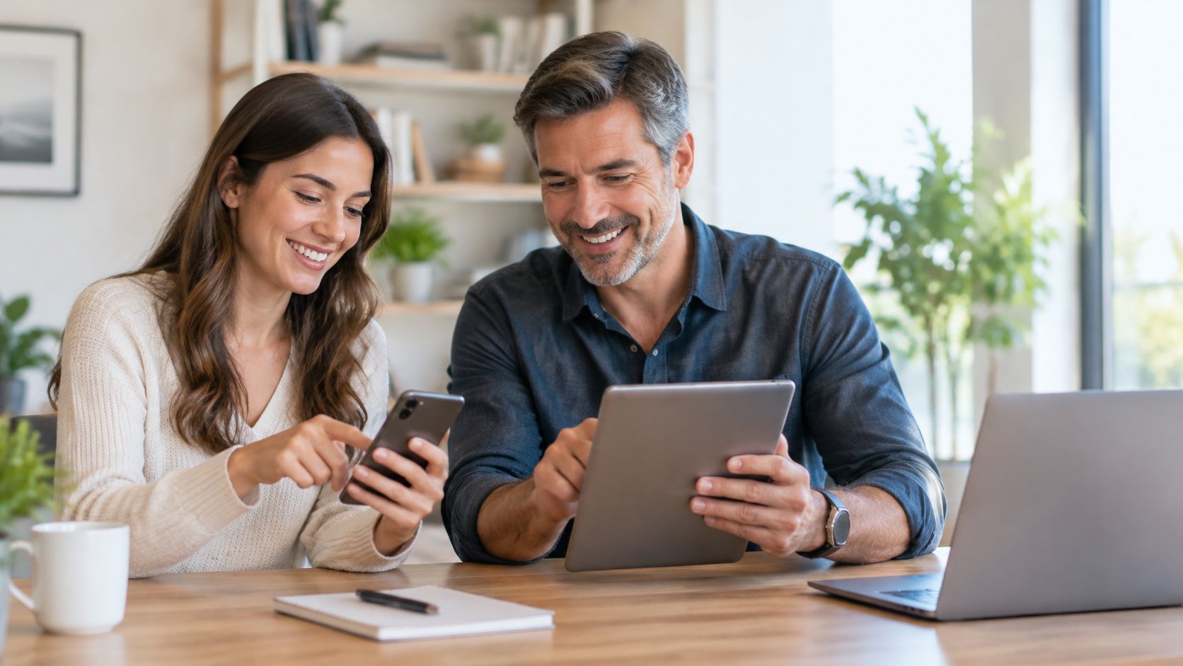 Ein glückliches Paar sitzt am Schreibtisch und nutzt gemeinsam ein Smartphone und ein Tablet für die Arbeit.