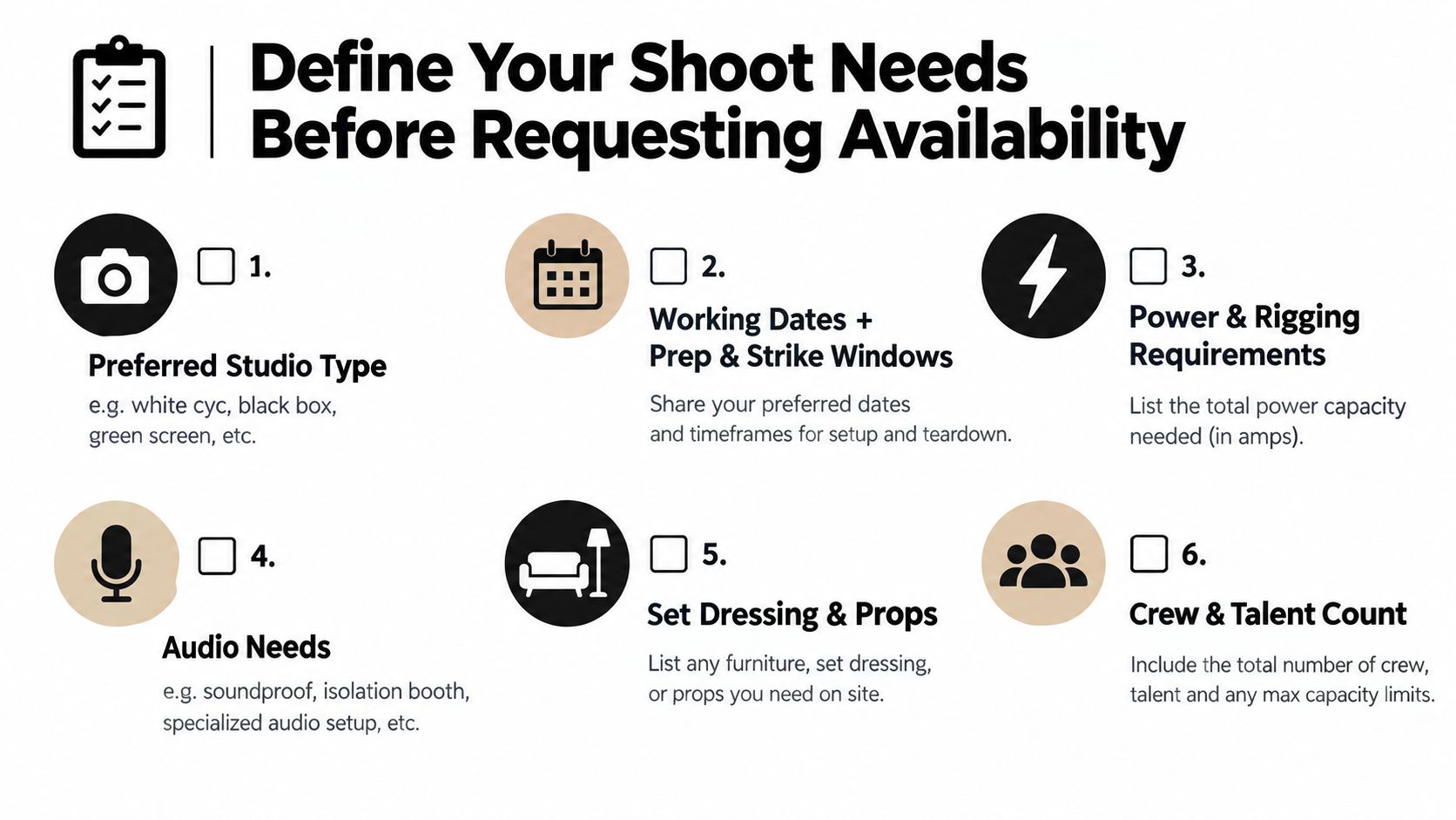 A checklist infographic detailing six essential requirements to prepare before booking a photography or video studio space.
