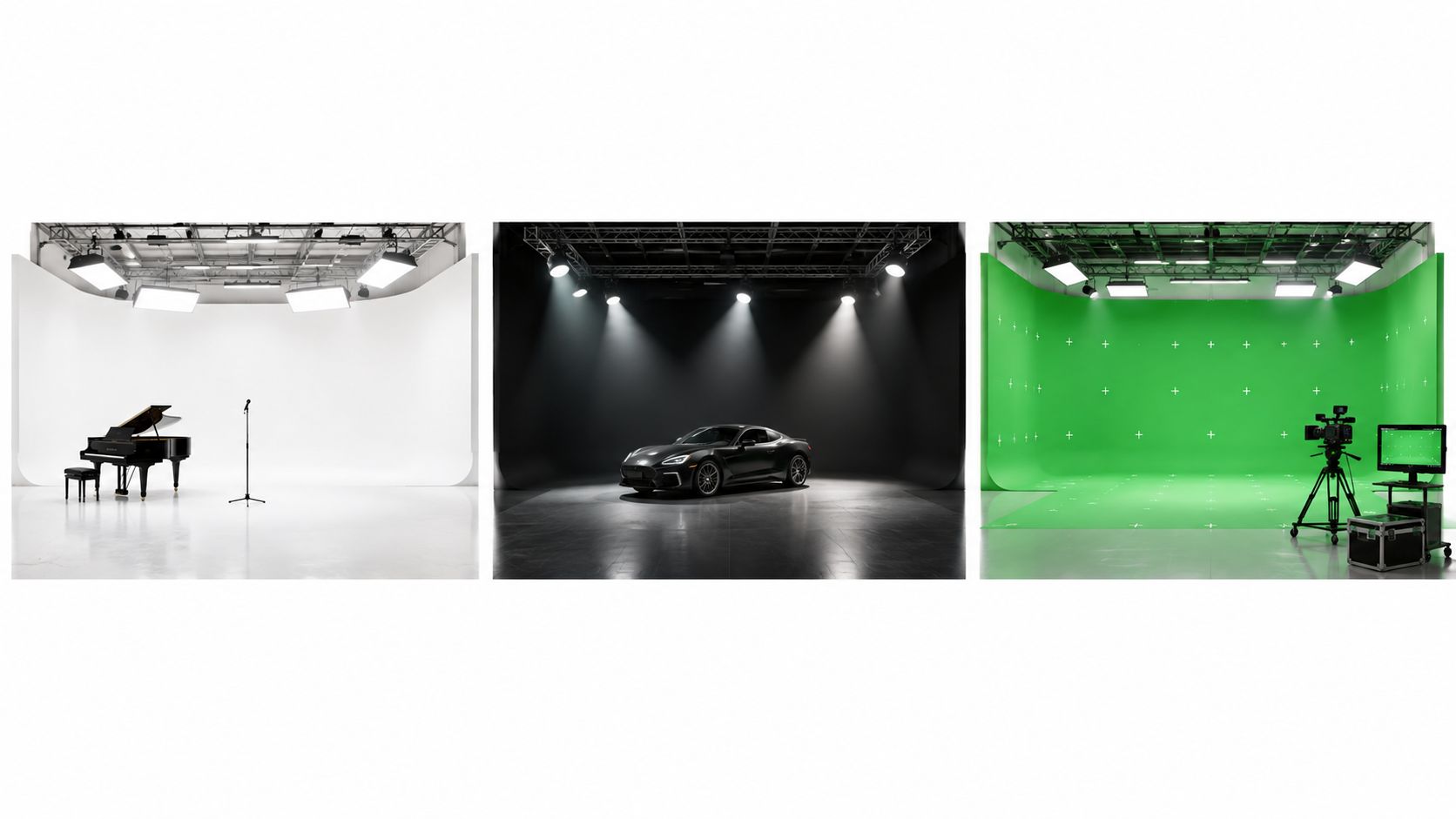 Three different studio setups showing a white stage with a piano, a dark stage with a car, and green screen.
