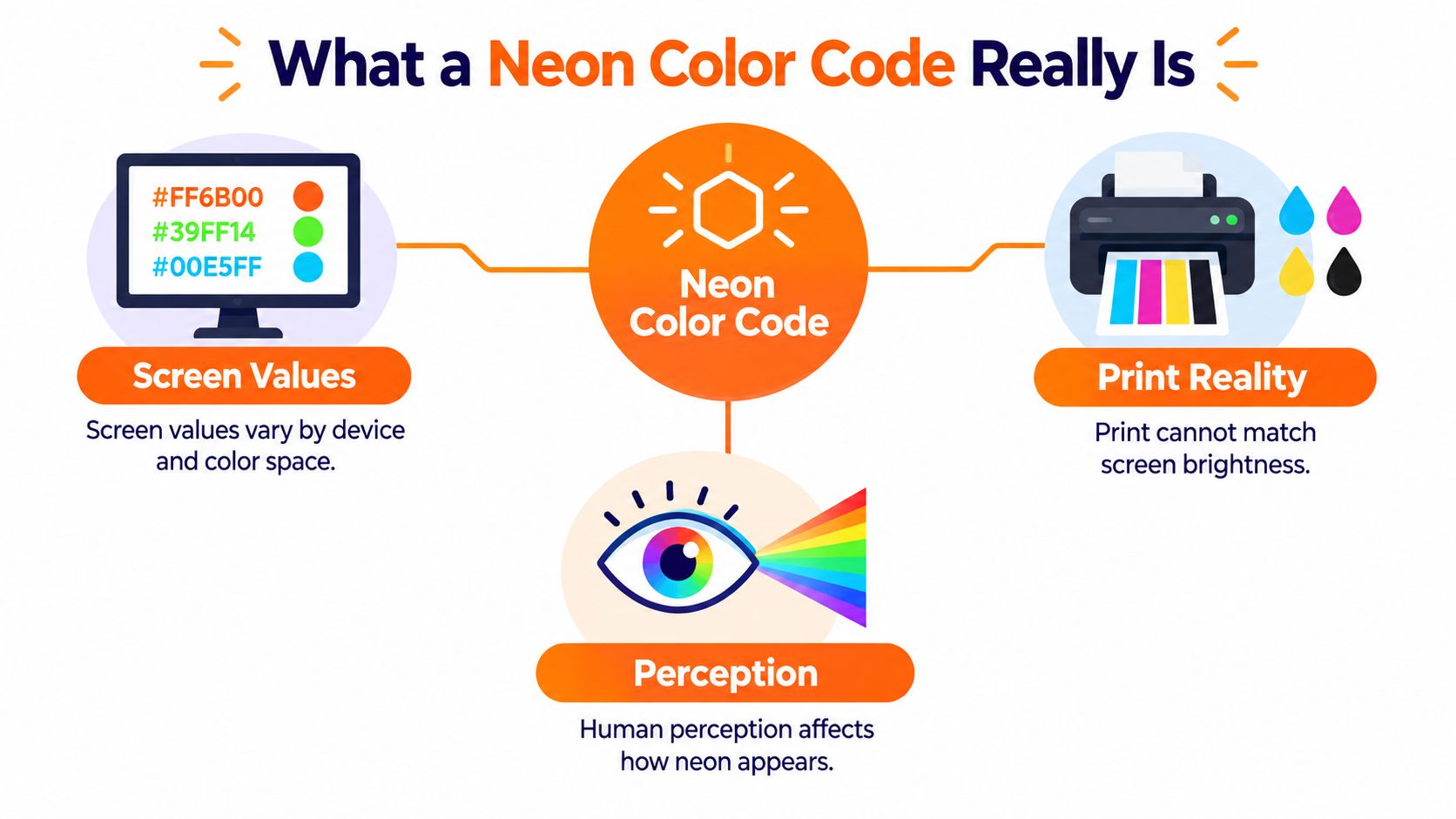 An infographic titled What a Neon Color Code Really Is explaining screen display, print limitations, and perception.