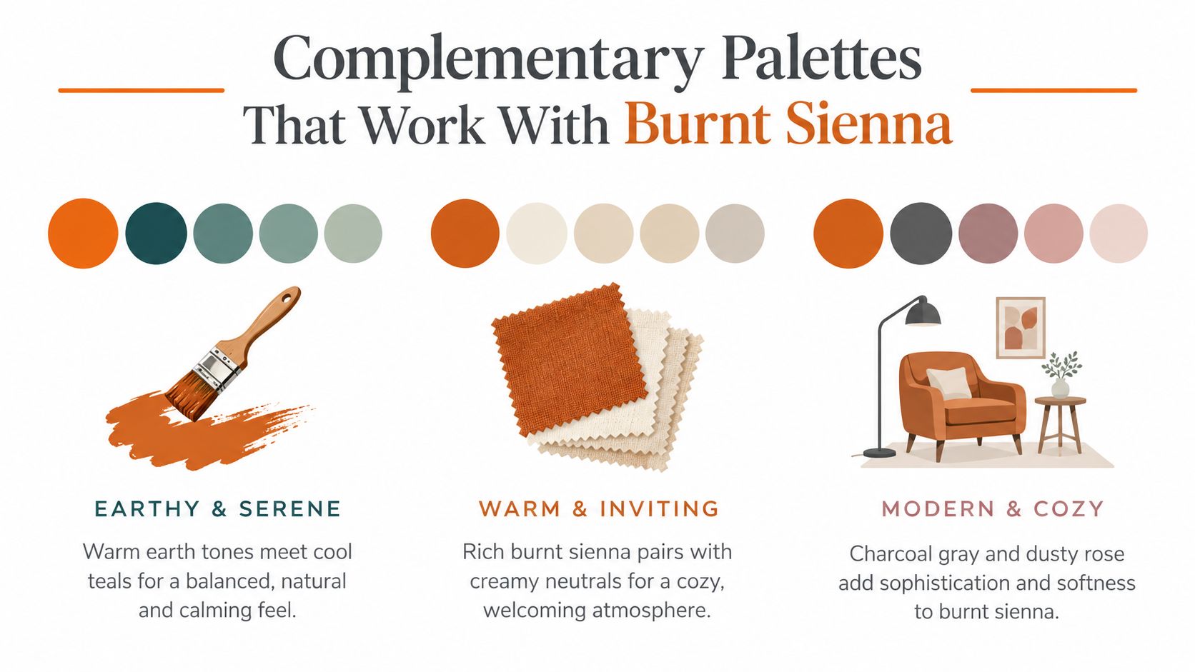 A graphic design guide displaying three complementary color palettes featuring burnt sienna, including earthy, warm, and modern options.